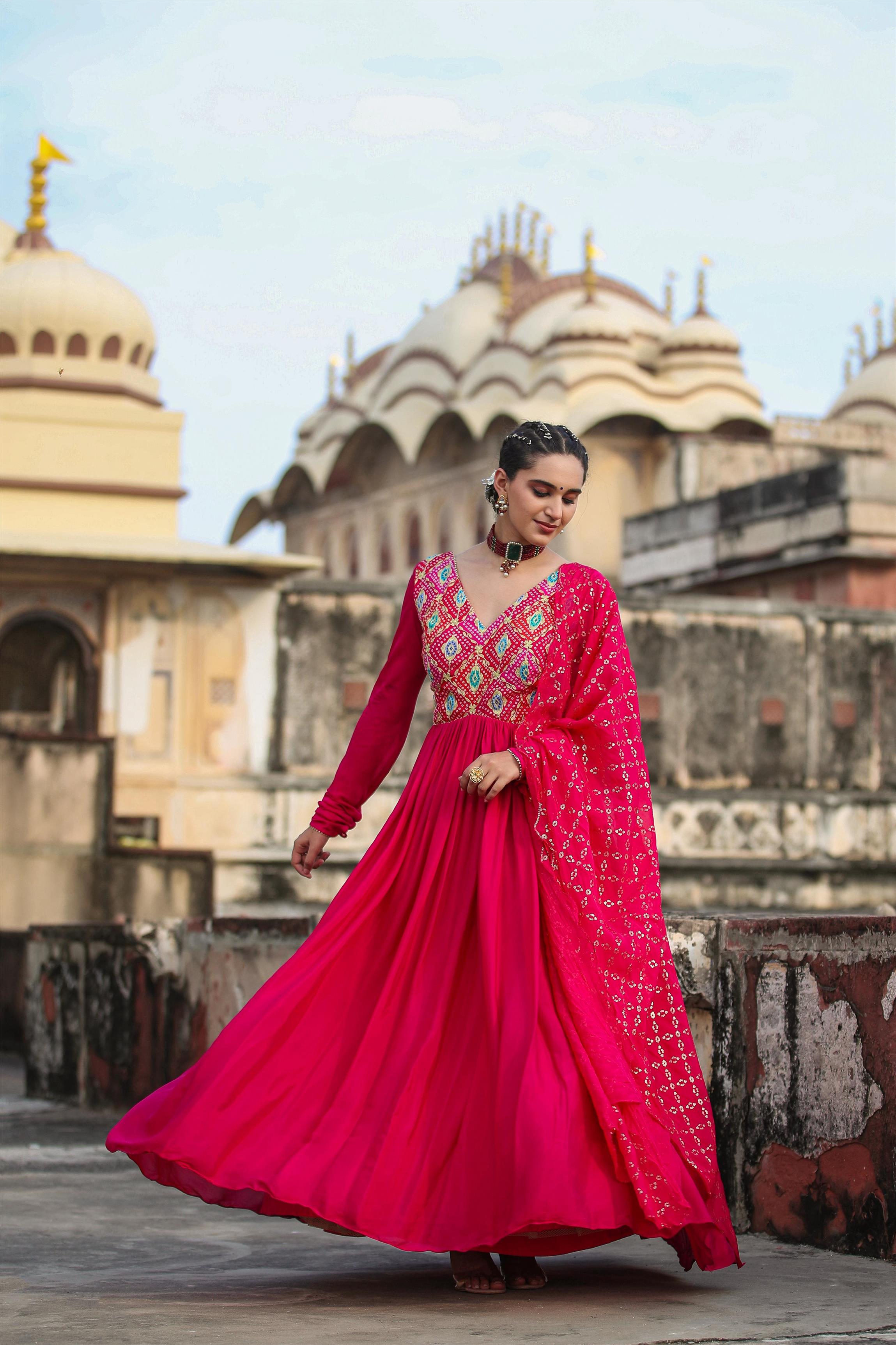 Pink Chinon Silk Bandhani & Zari Gown With Organza Embellished Dupatta