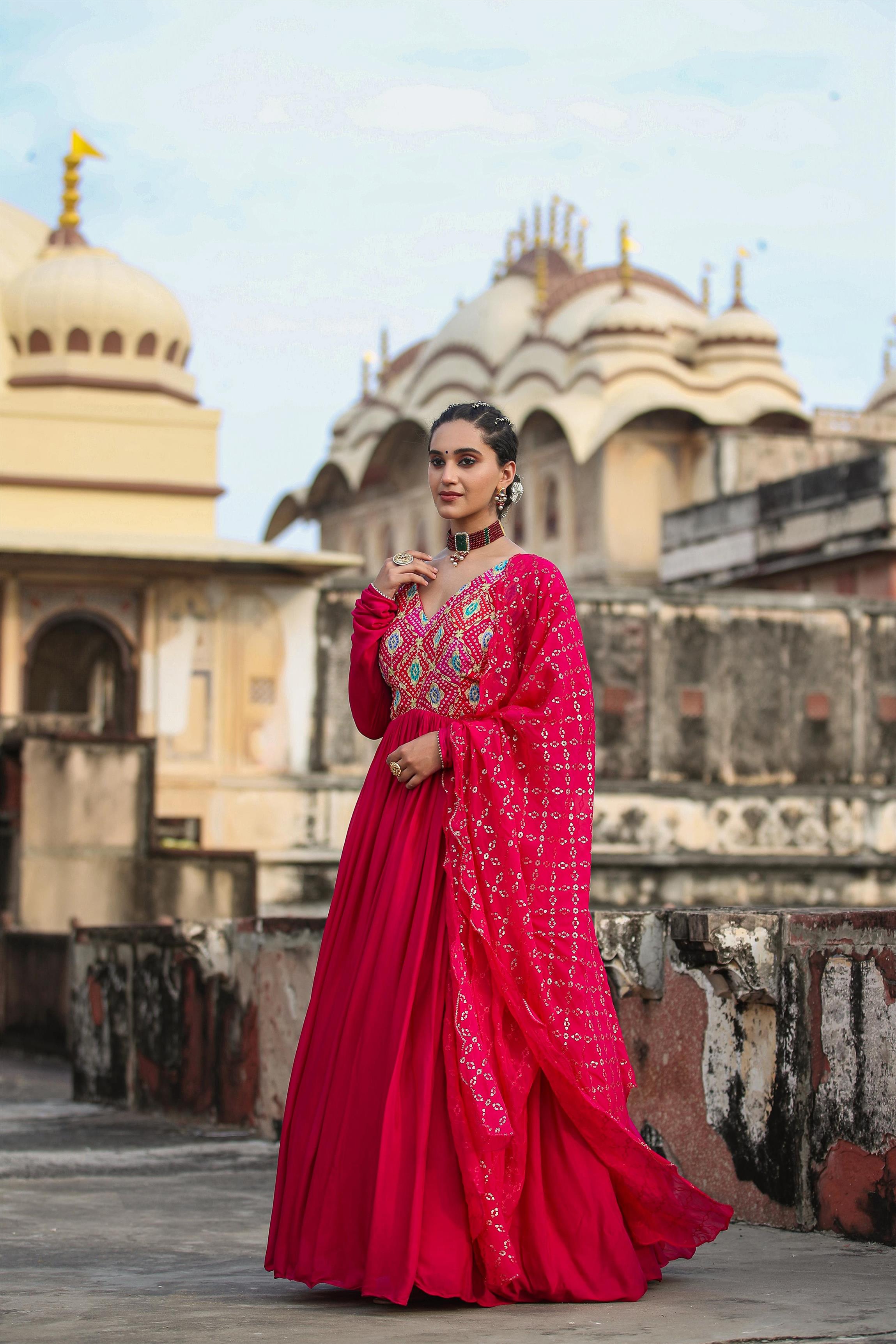 Pink Chinon Silk Bandhani & Zari Gown With Organza Embellished Dupatta