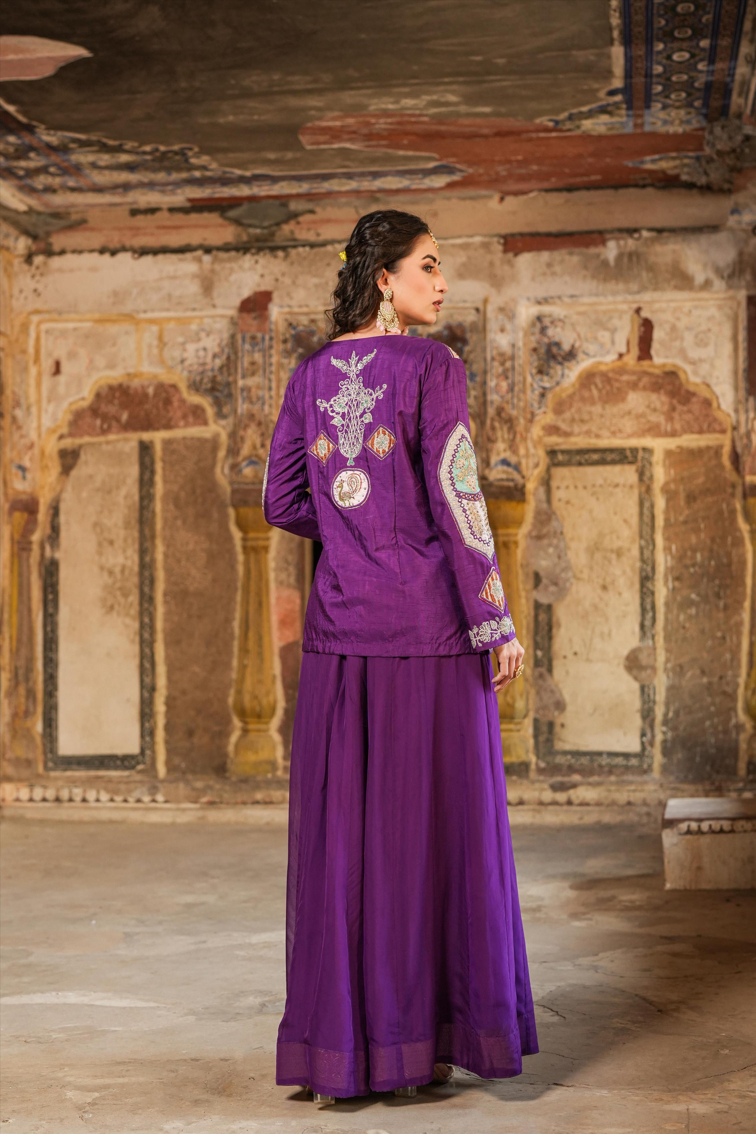 Purple Dola Silk Applique And Zari Embroidery Jacket Kurti With Organza Palazzo