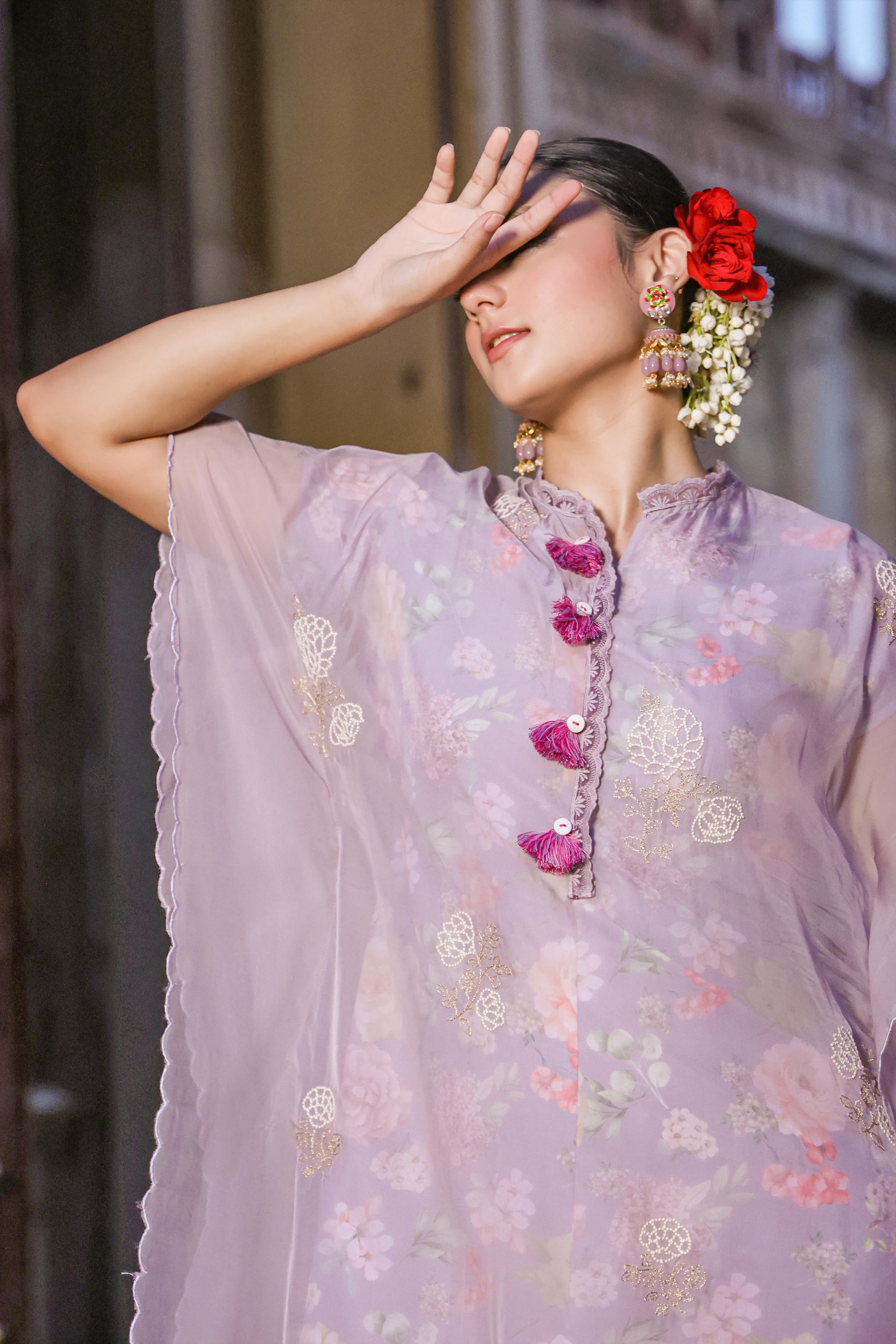 Lavender Linen Floral Print Midi Dress With Organza Embroidered Kaftan