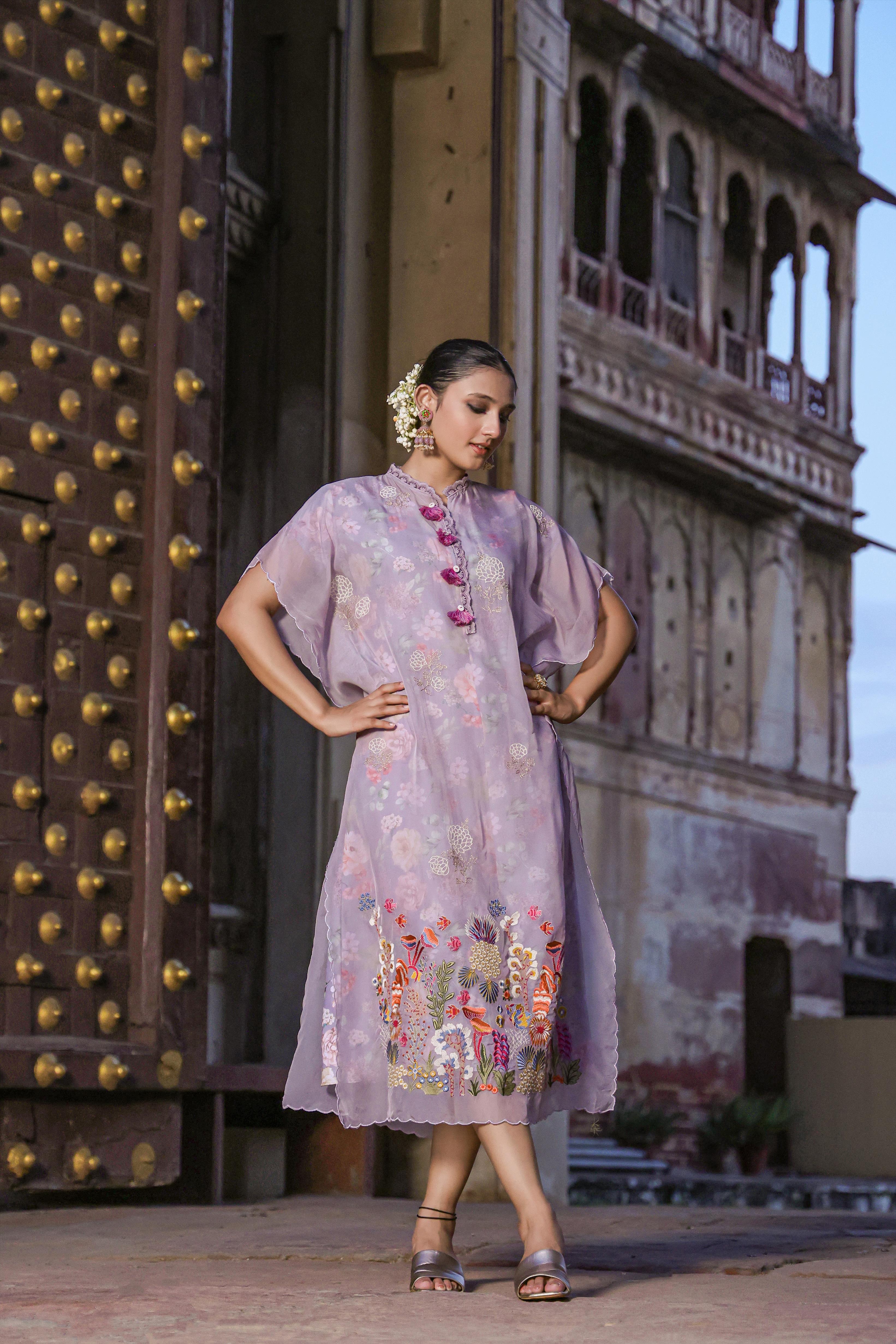 Lavender Linen Floral Print Midi Dress With Organza Embroidered Kaftan