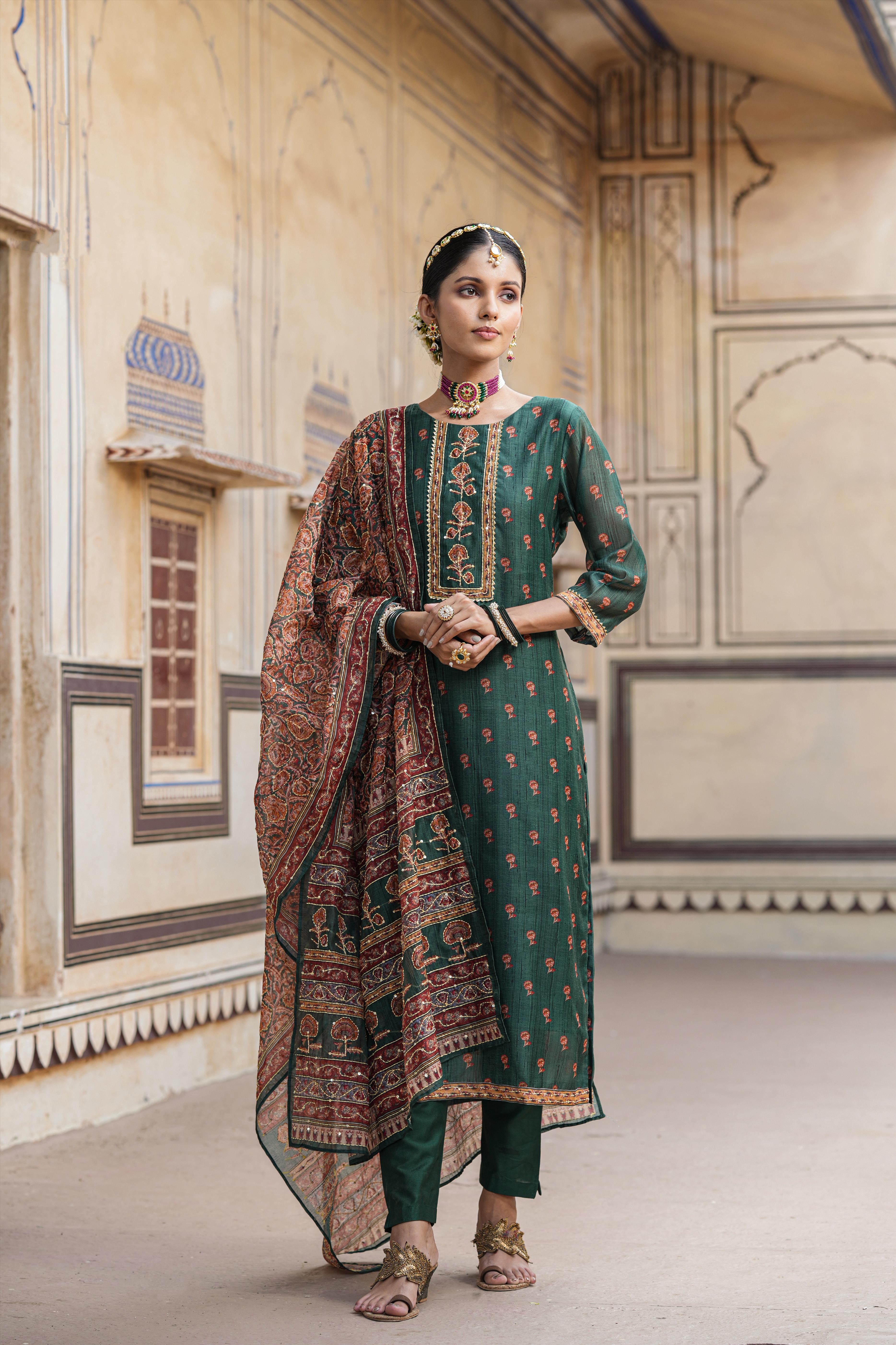 Green Chanderi Silk Printed Kantha Work Suit Set