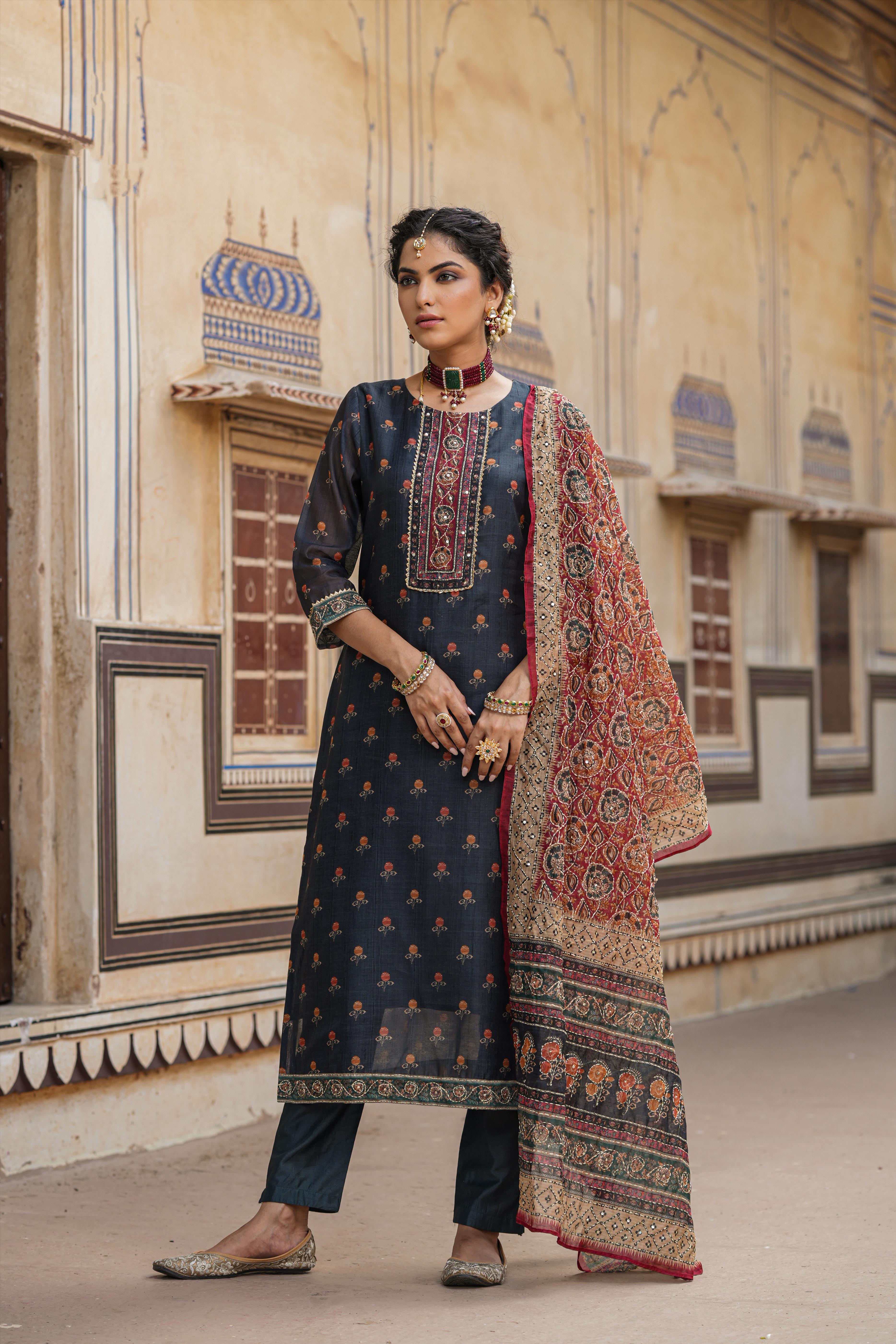 Grey Chanderi Silk Kantha Embroidered Kurta Pant Dupatta Set