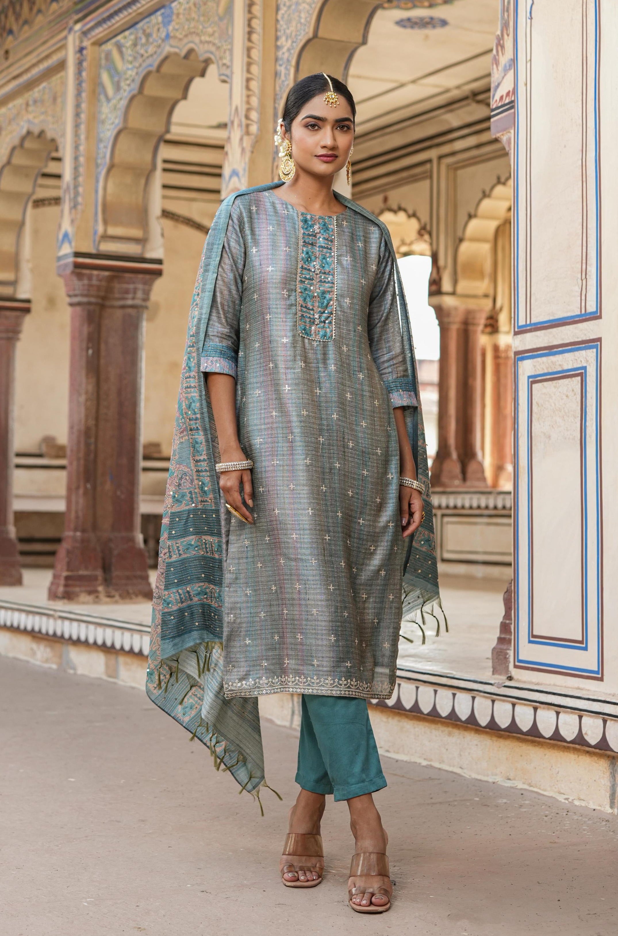 Teal-Grey Linen Chanderi Silk Printed Suit Set