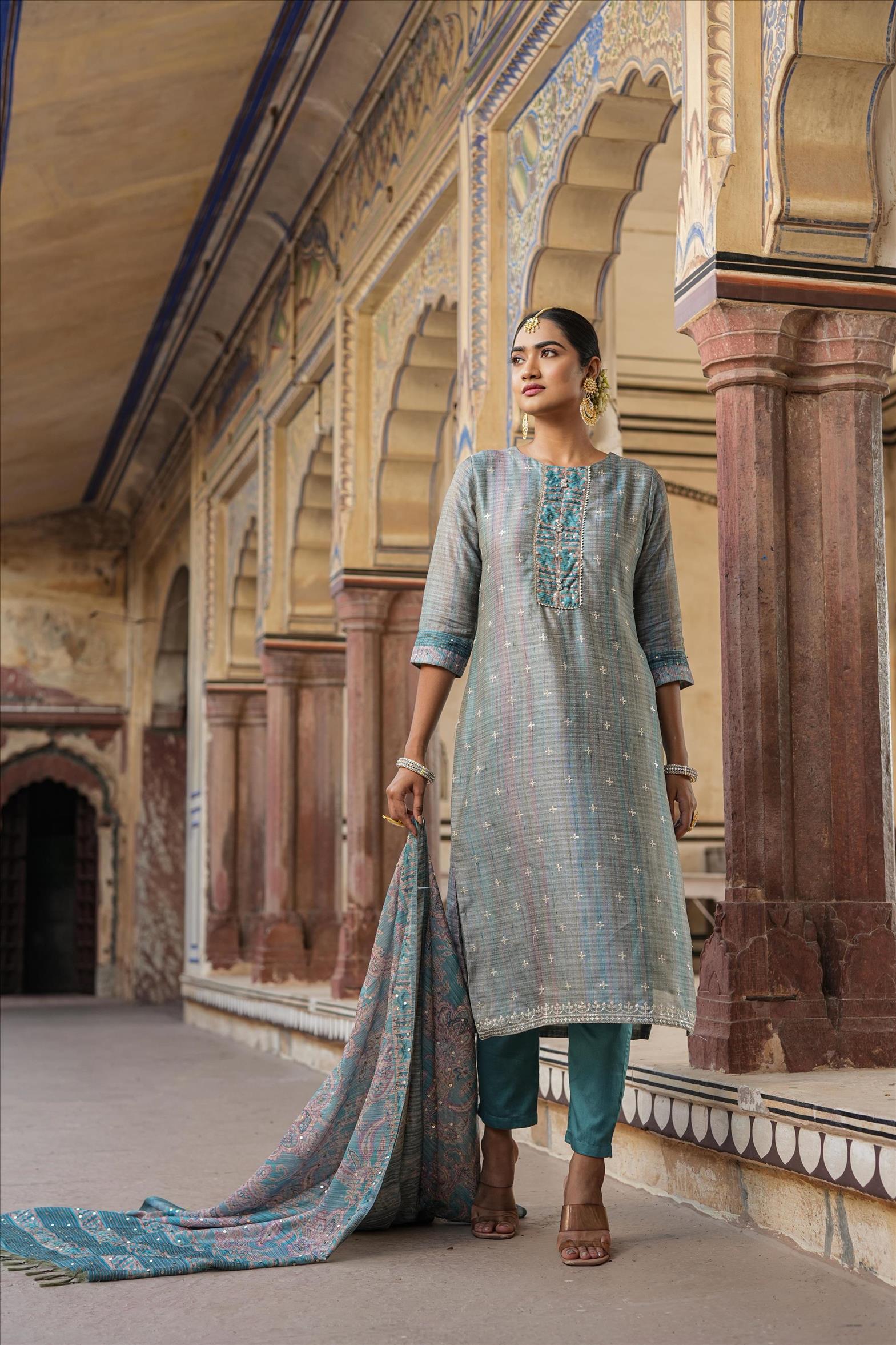 Teal Linen Chanderi Silk Embellished Straight Suit Set