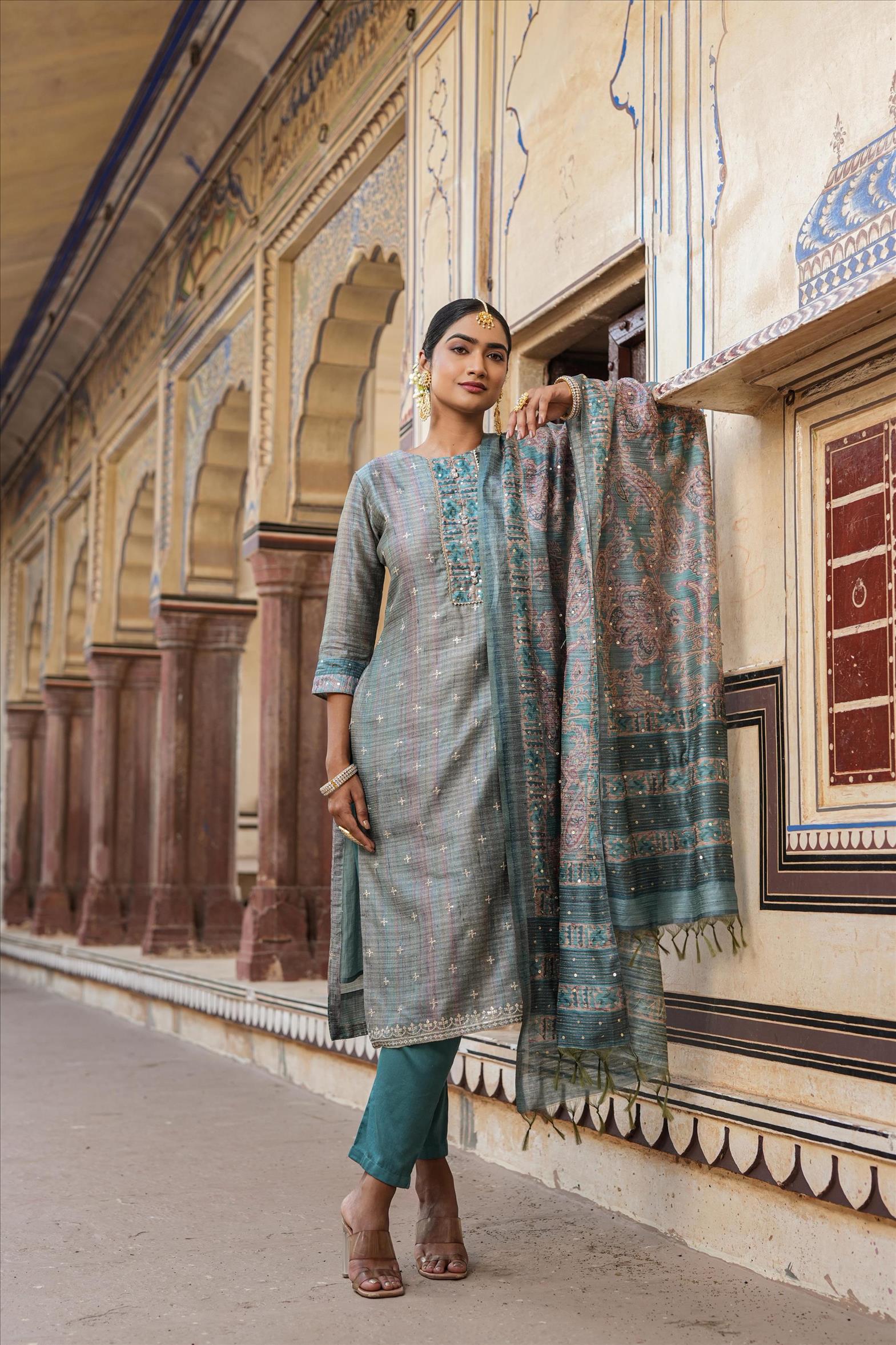 Teal Linen Chanderi Silk Embellished Straight Suit Set