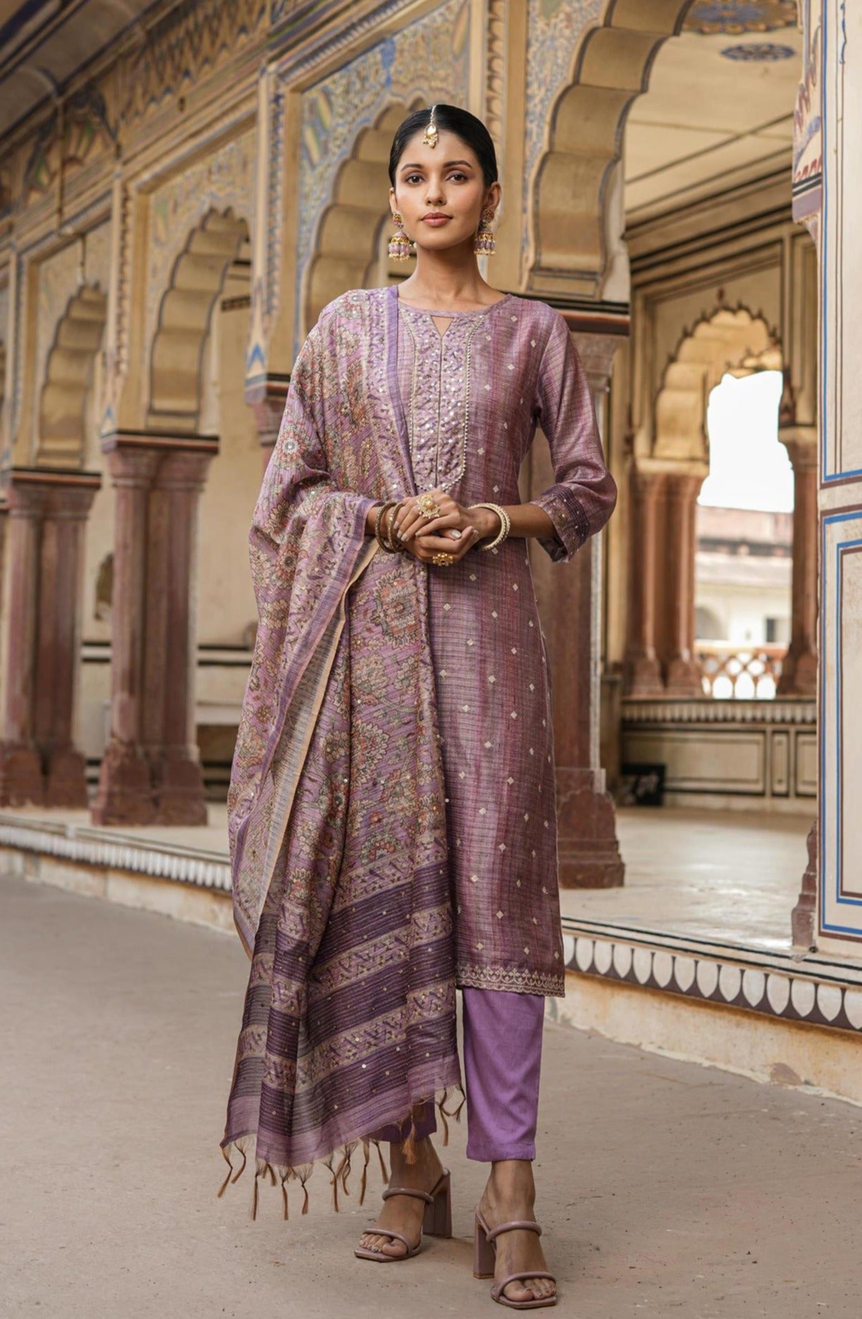 Lavender Linen Chanderi Silk Embellished Straight Suit Set
