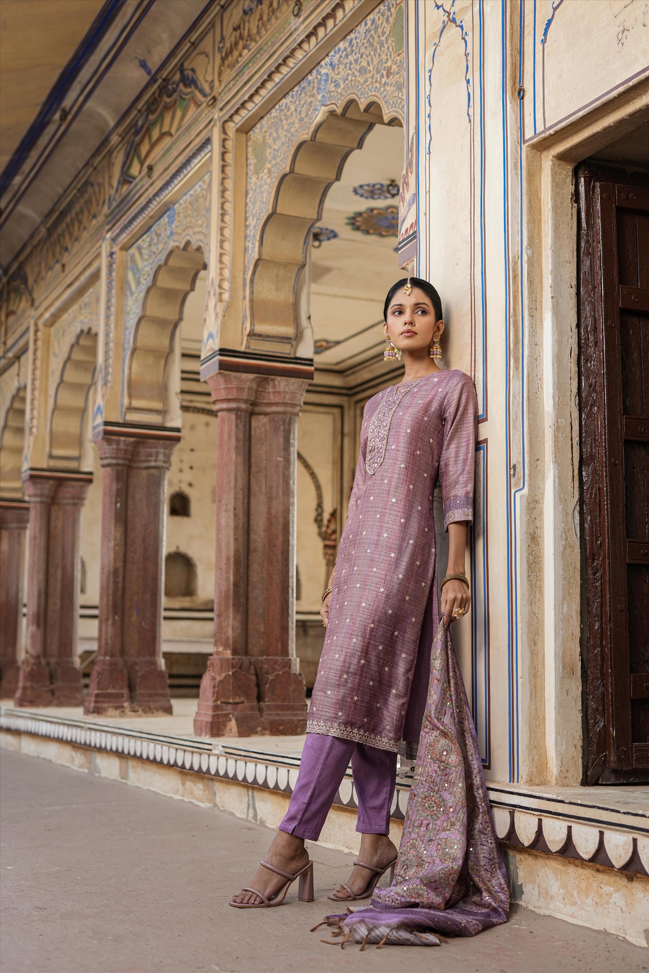 Lavender Linen Chanderi Silk Embellished Straight Suit Set