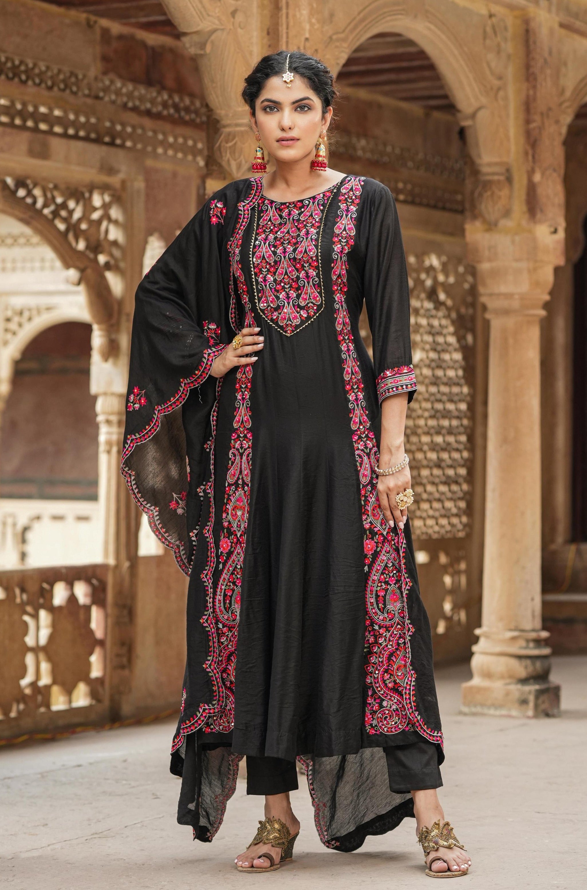 Black Chanderi Silk Kashmiri Embroidery Anarkali Suit Set