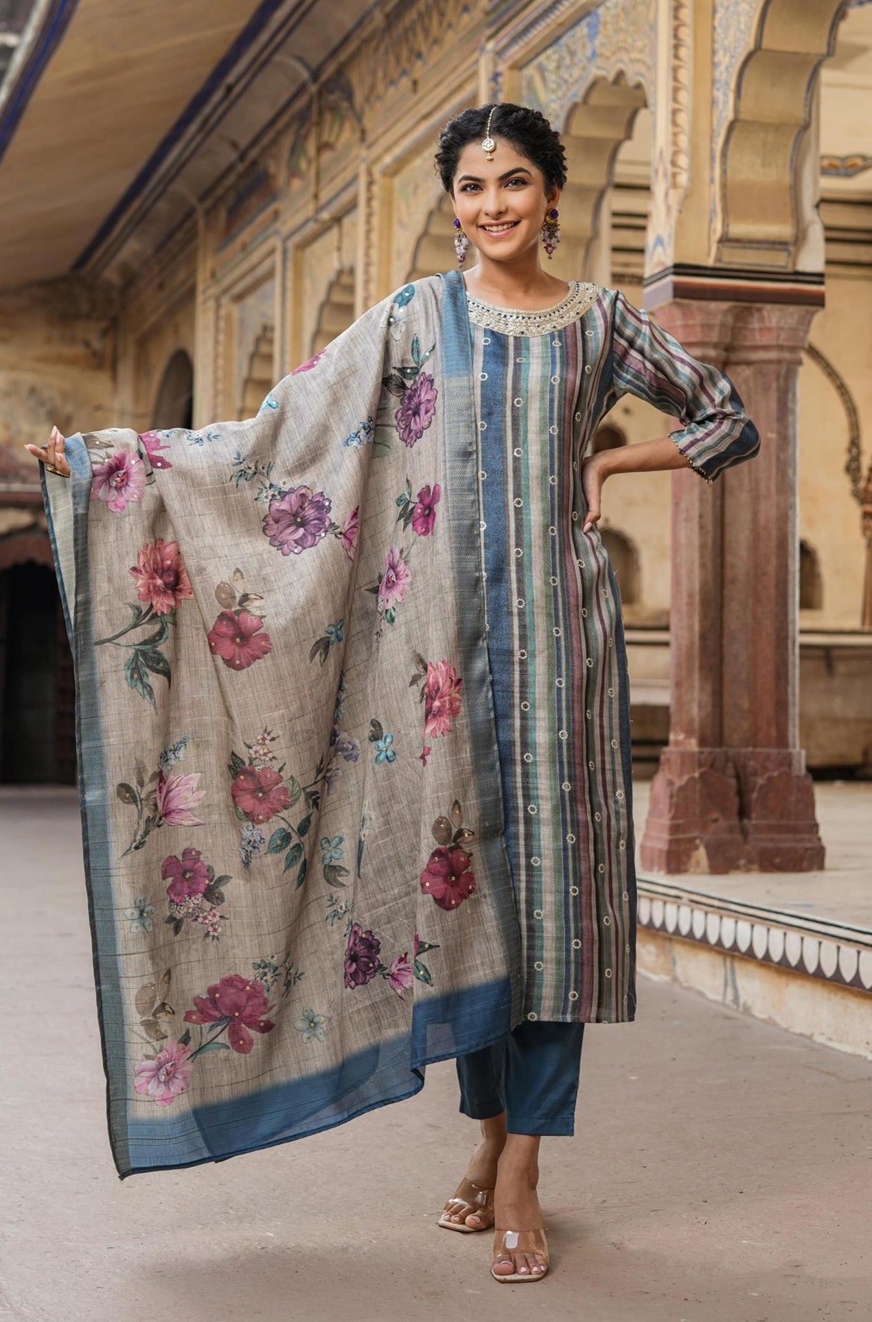 Teal Linen Chanderi Silk Printed Straight Suit Set