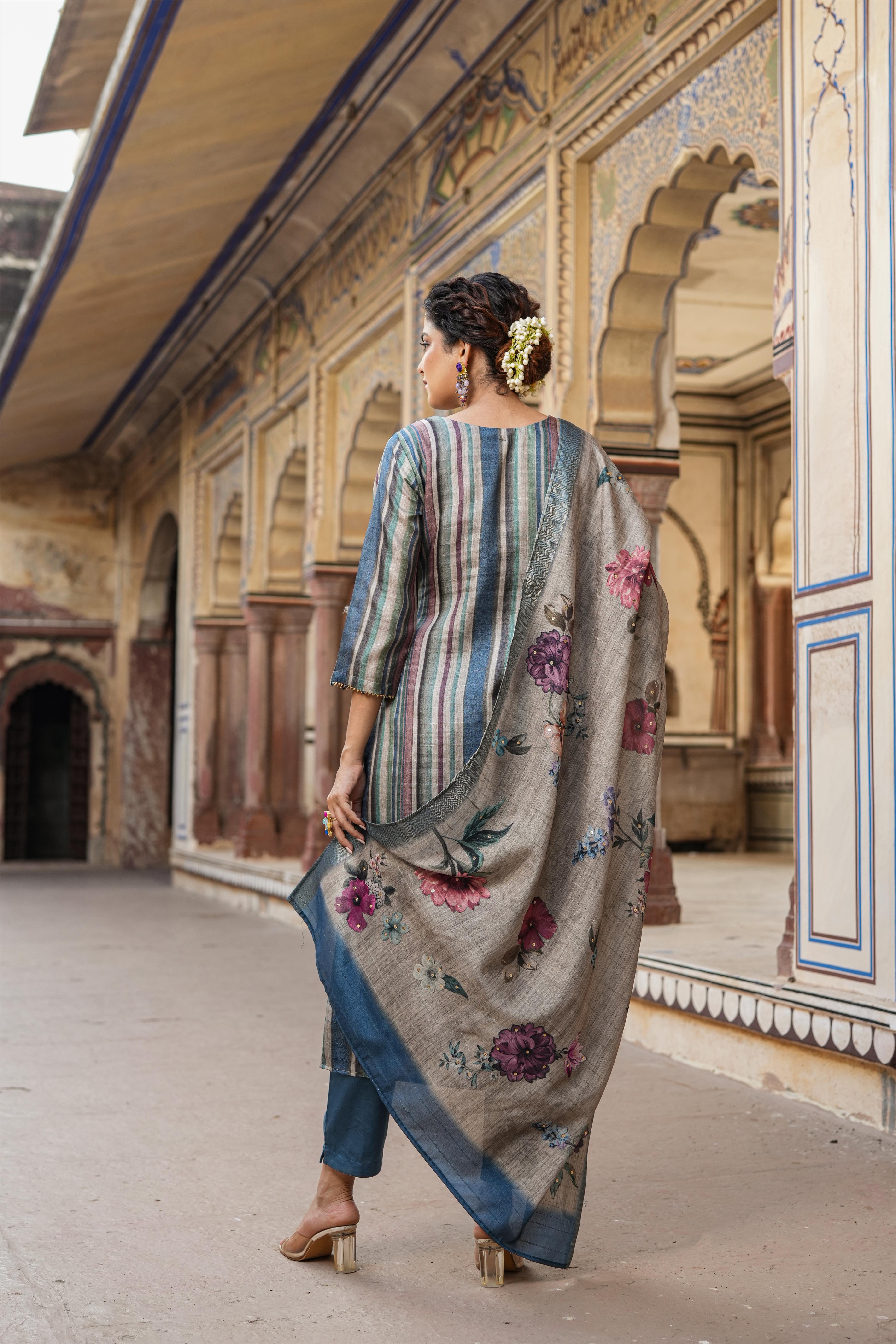Teal Linen Chanderi Silk Printed Straight Suit Set