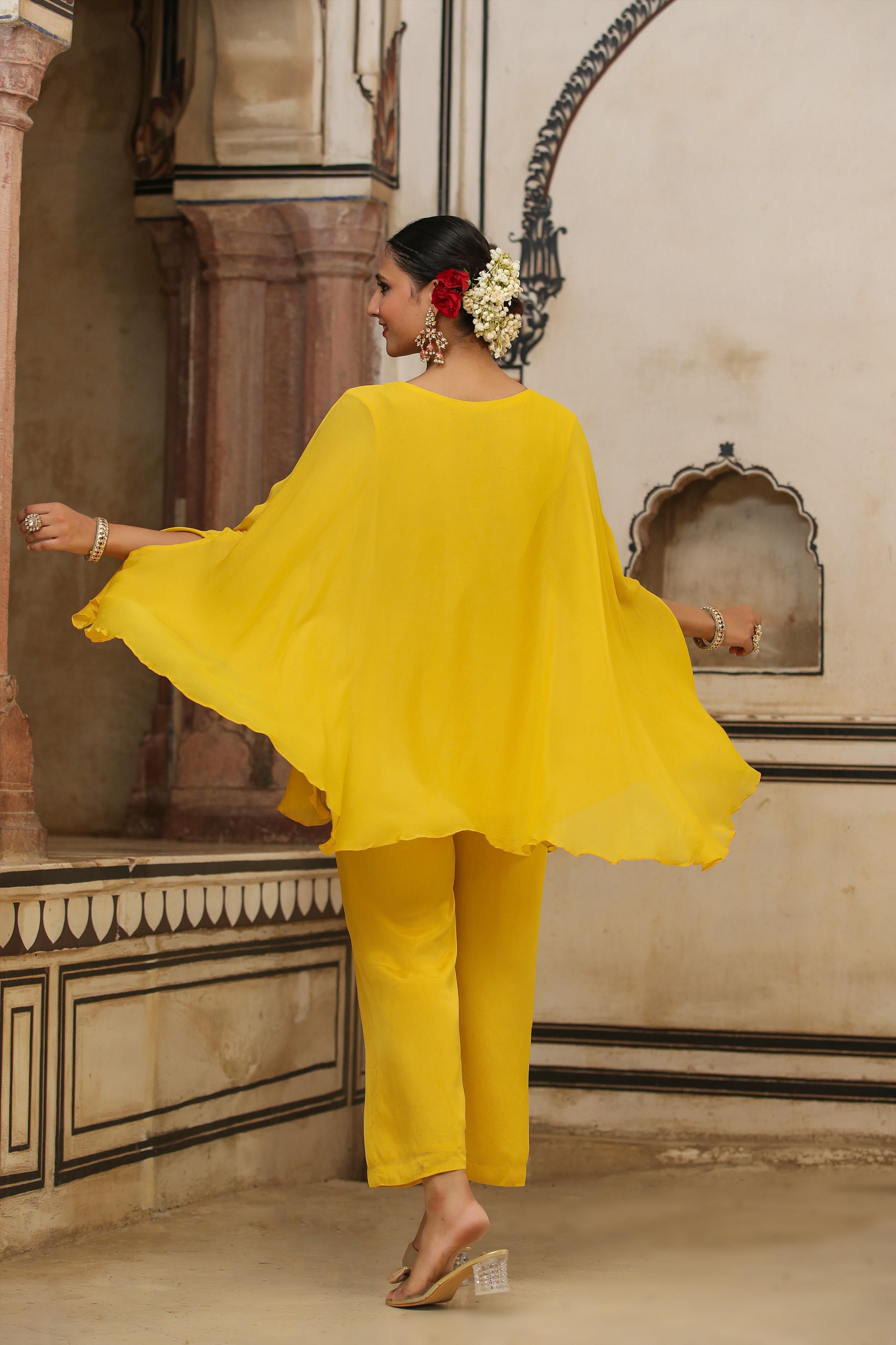 Mustard Chinon Silk Yoke Design Kaftan With Palazzo