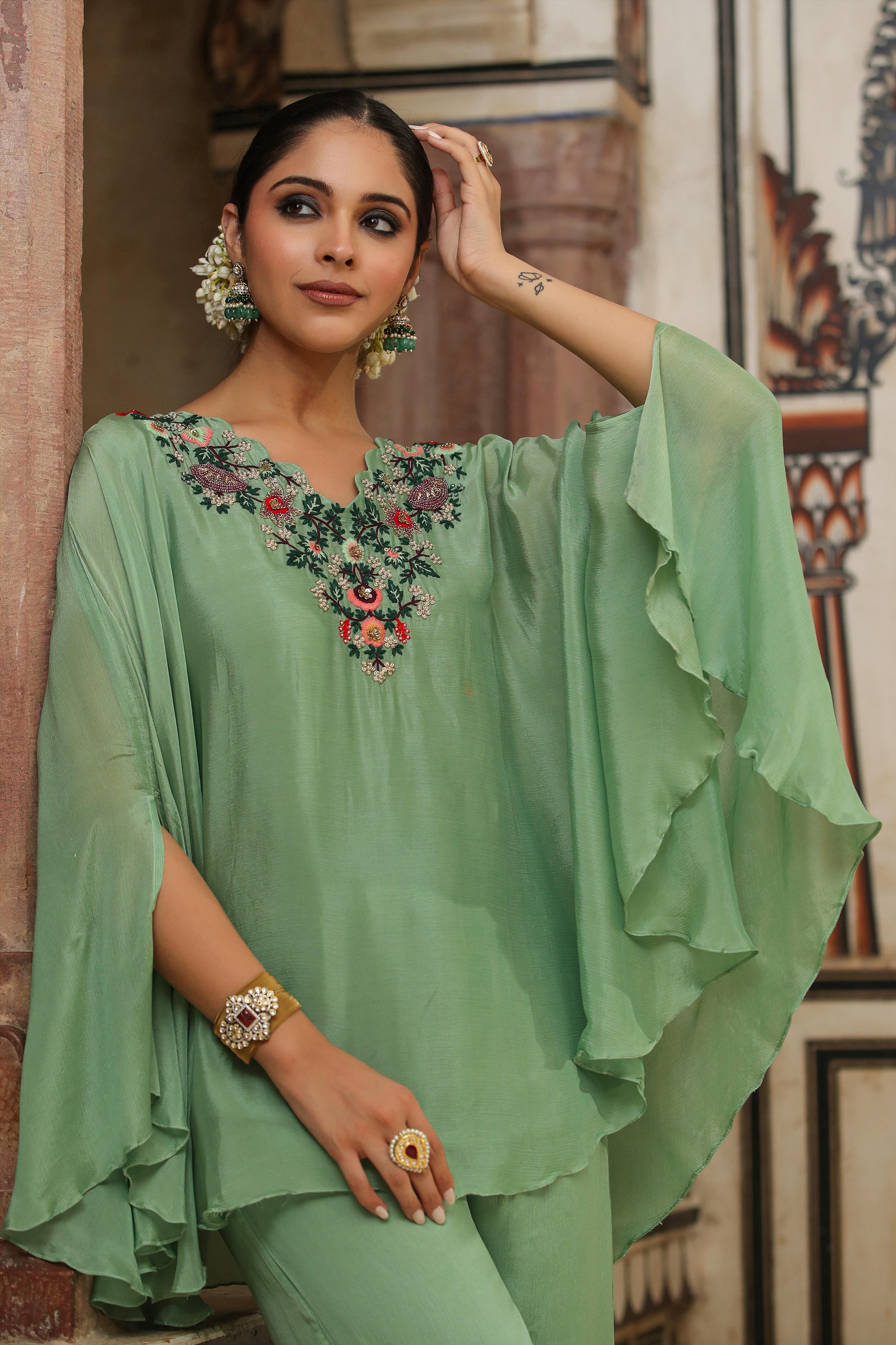 Sea Green Chinon Silk Yoke Design Kaftan With Palazzo