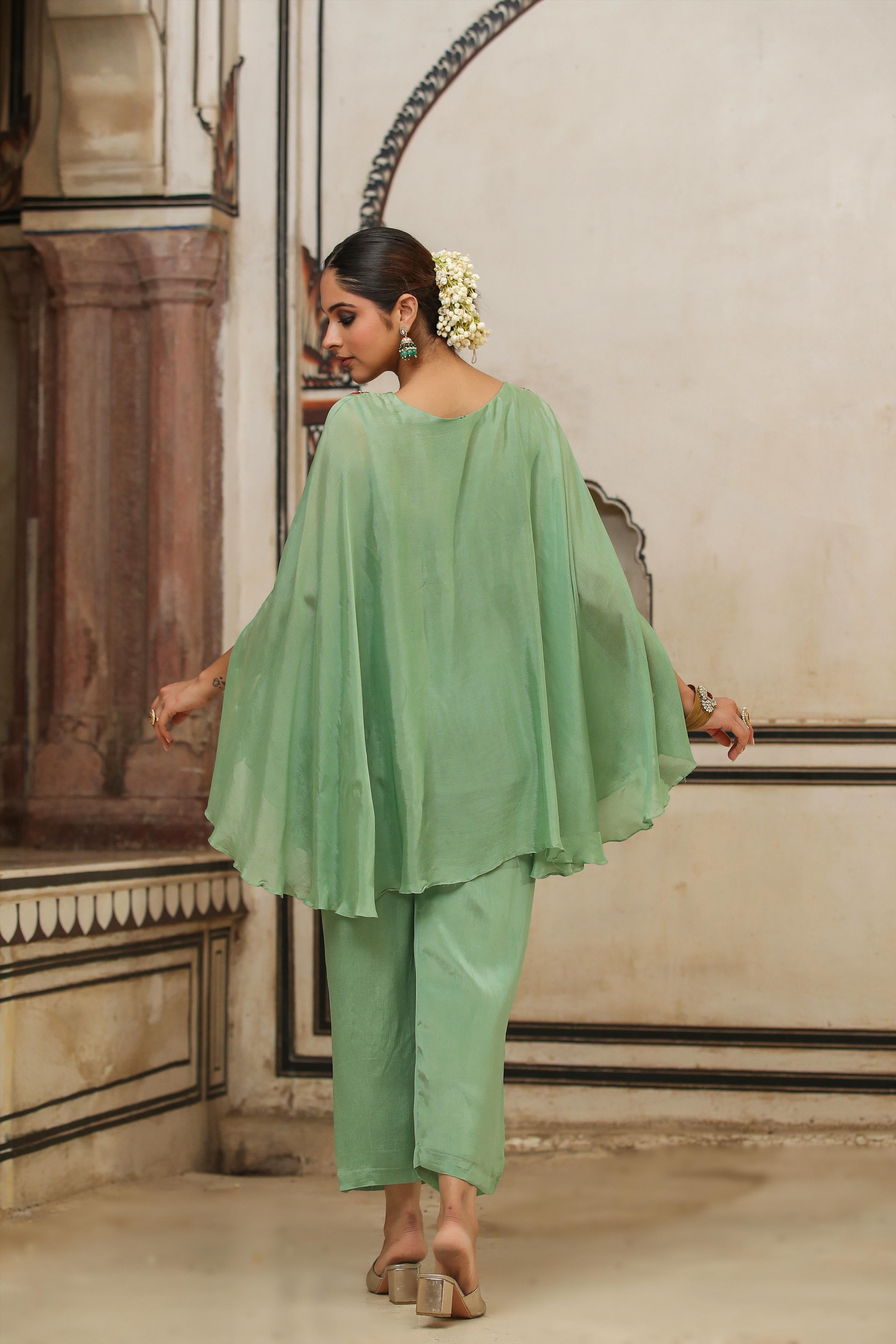 Sea Green Chinon Silk Yoke Design Kaftan With Palazzo