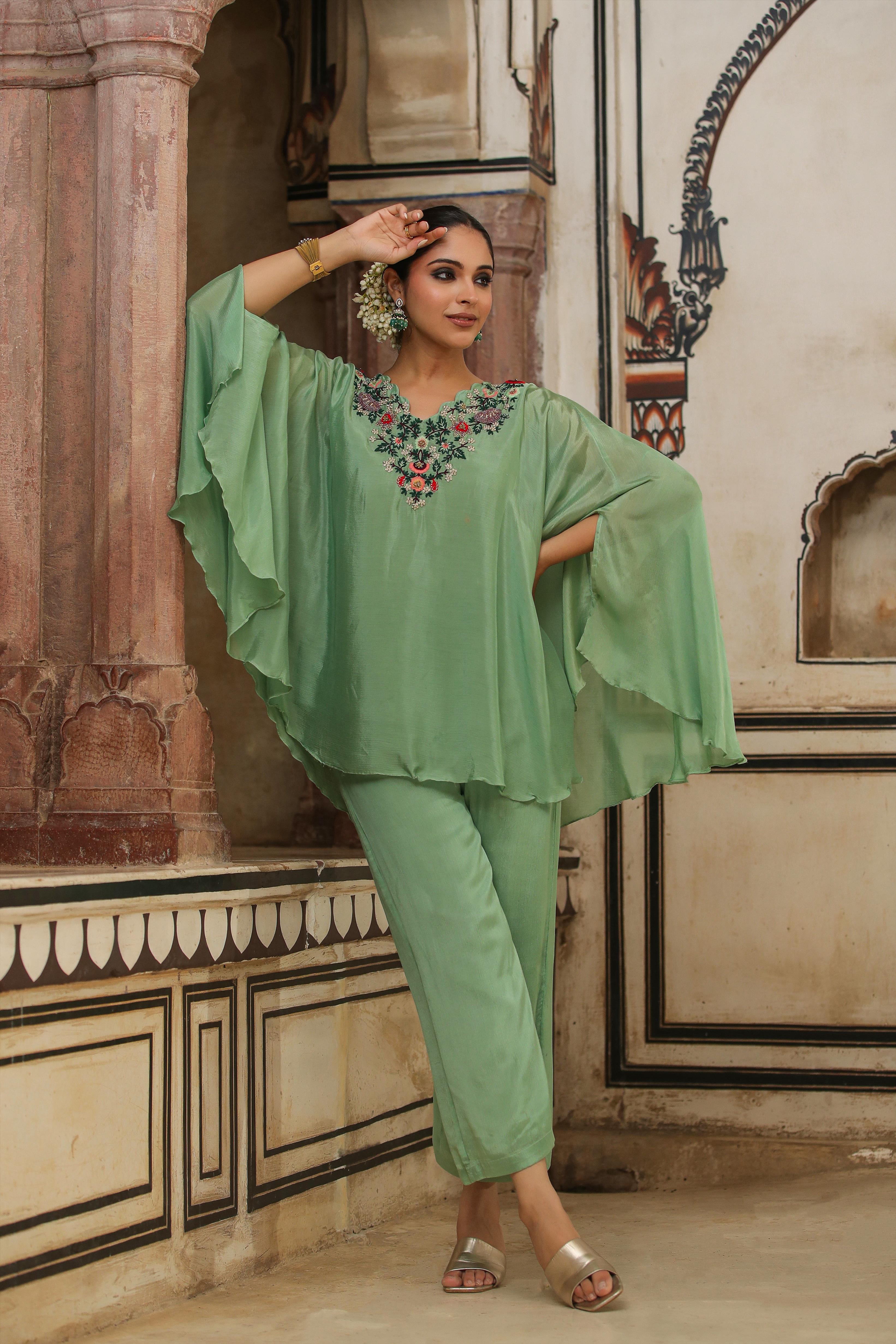 Sea Green Chinon Silk Yoke Design Kaftan With Palazzo
