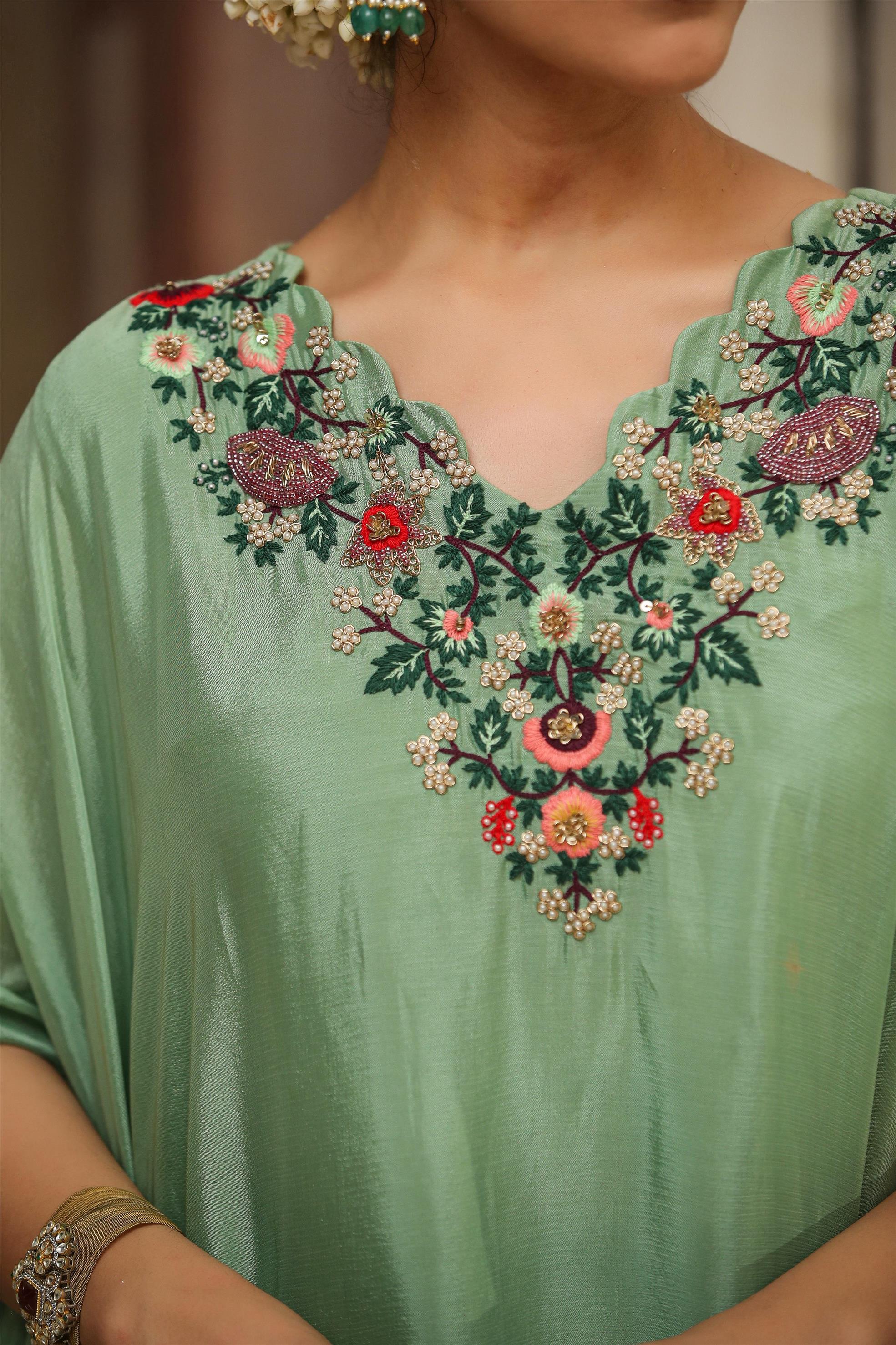 Sea Green Chinon Silk Yoke Design Kaftan With Palazzo