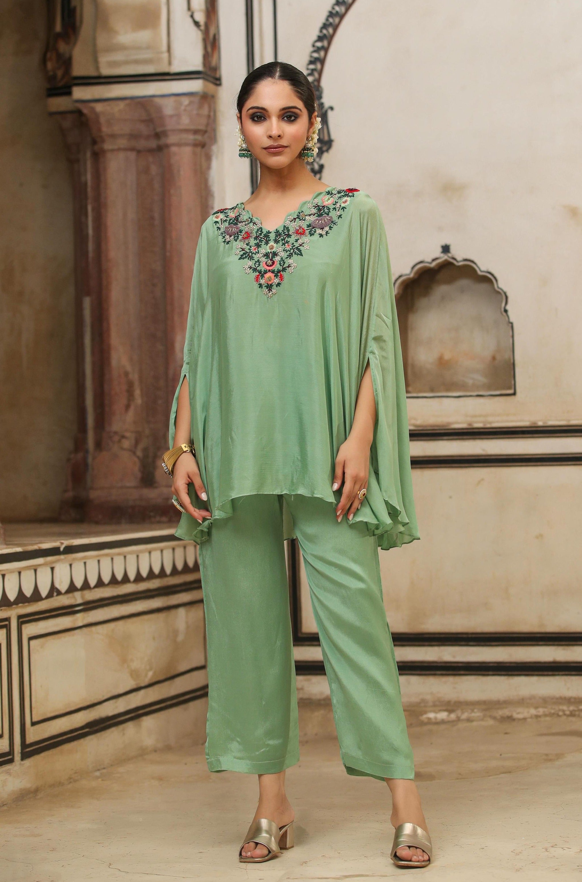 Sea Green Chinon Silk Yoke Design Kaftan With Palazzo