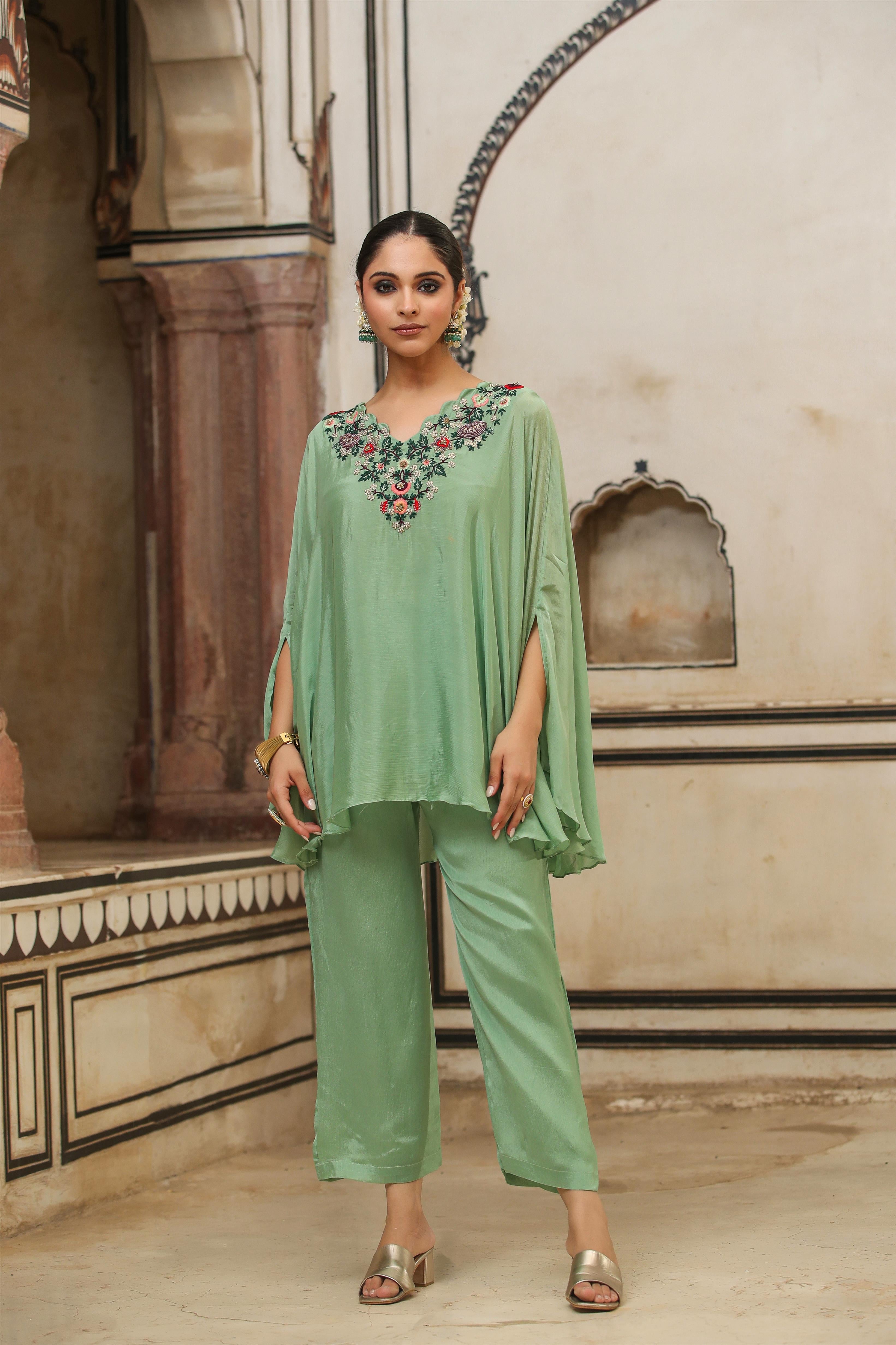 Sea Green Chinon Silk Yoke Design Kaftan With Palazzo