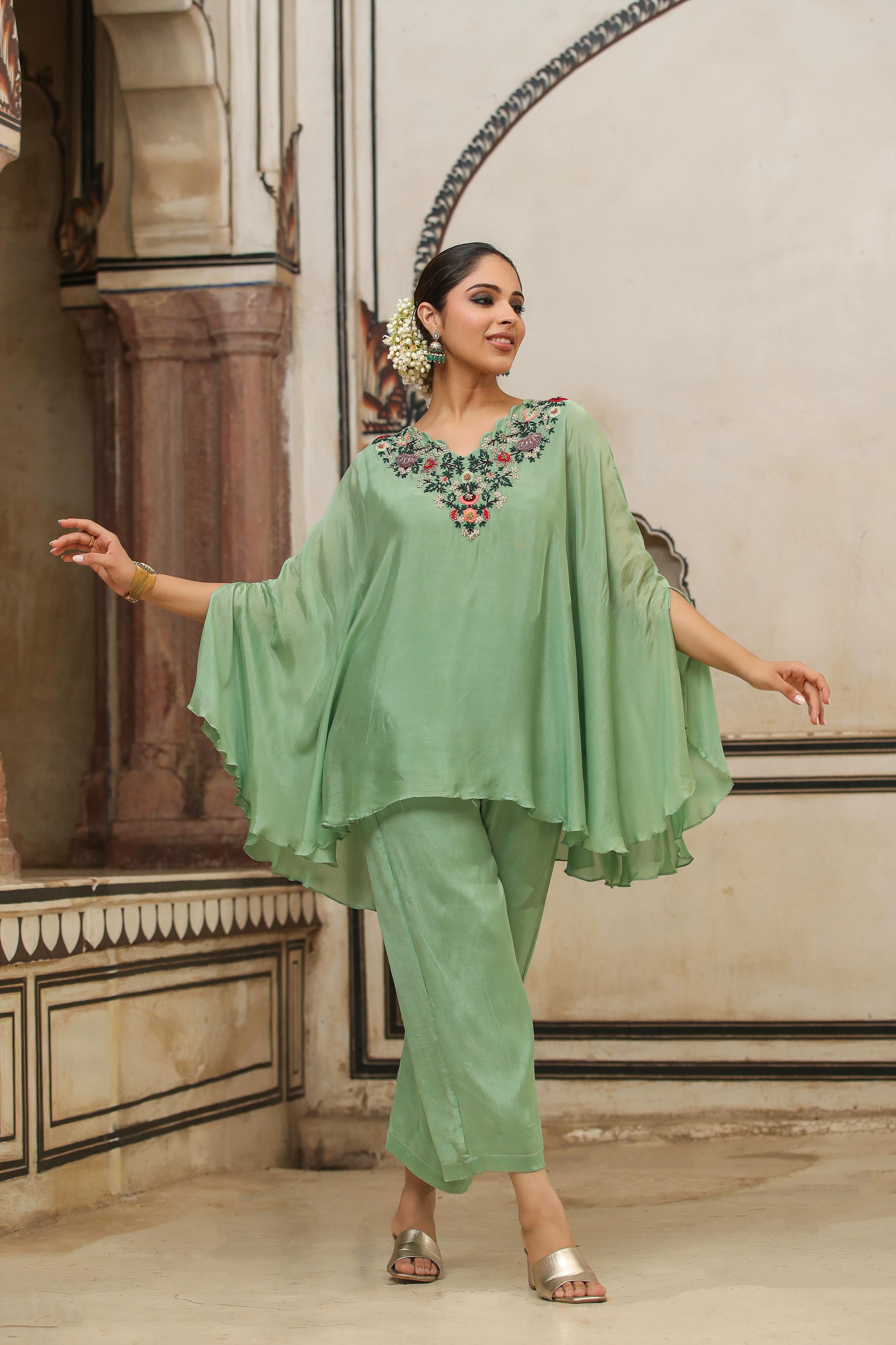 Sea Green Chinon Silk Yoke Design Kaftan With Palazzo