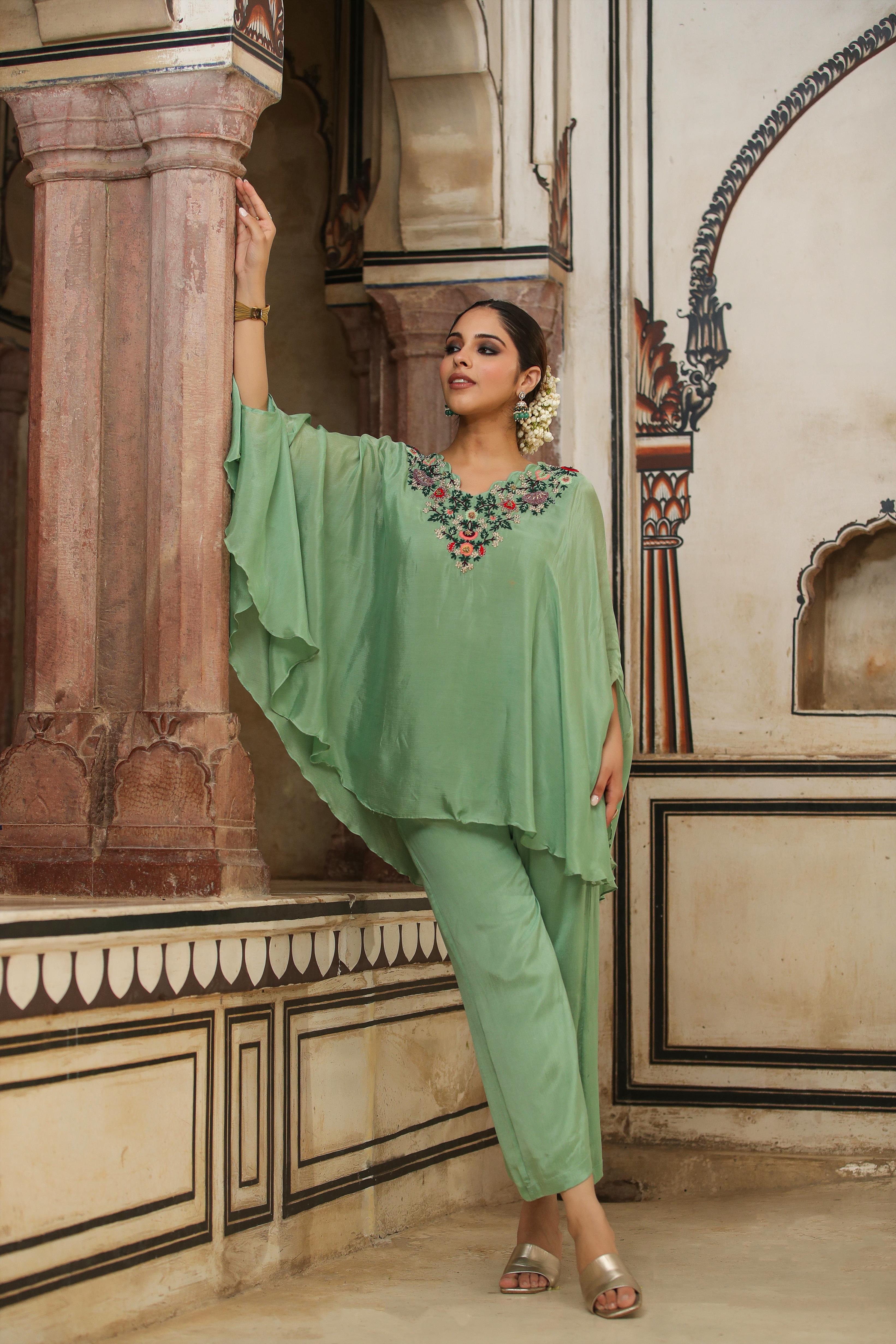 Sea Green Chinon Silk Yoke Design Kaftan With Palazzo