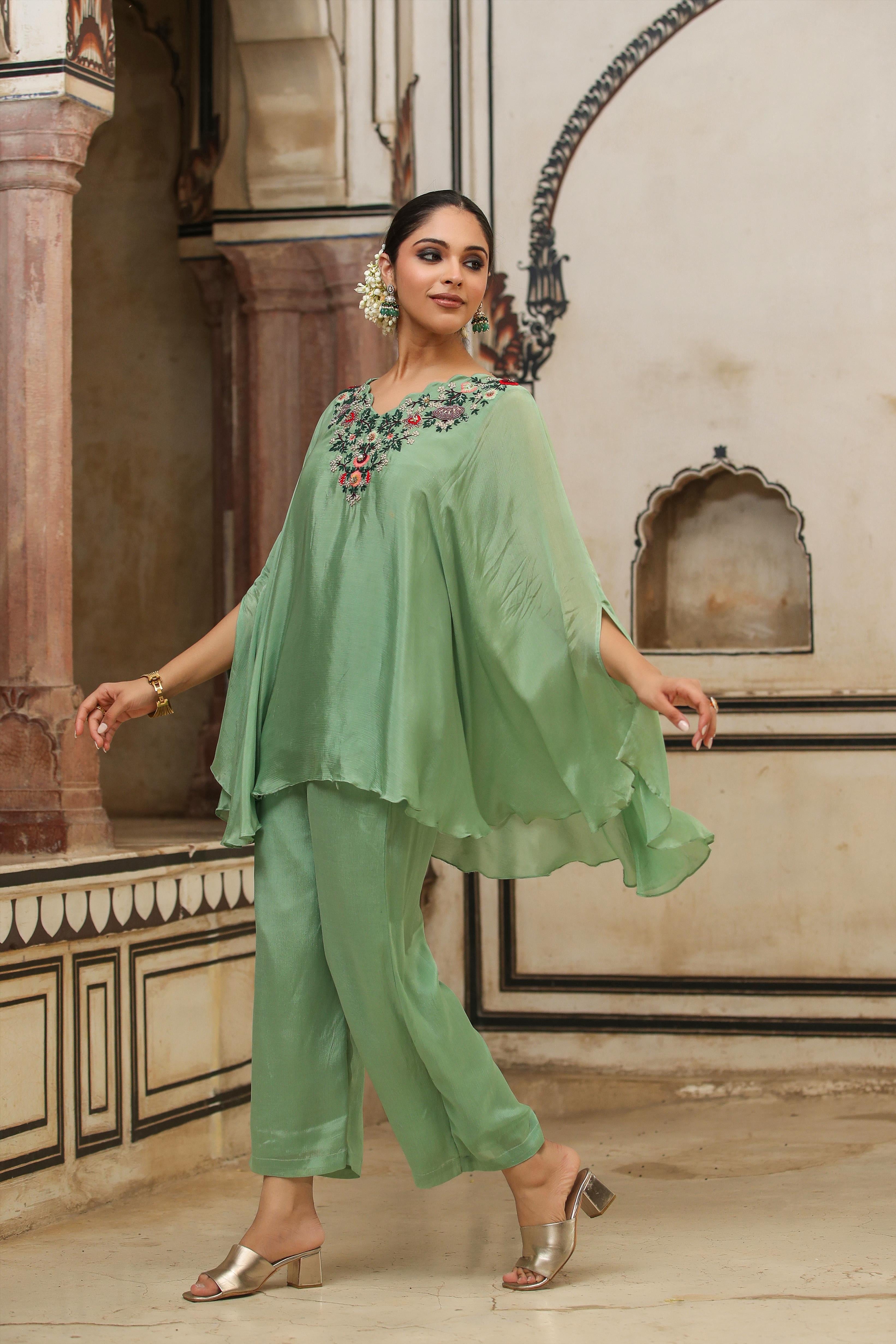 Sea Green Chinon Silk Yoke Design Kaftan With Palazzo