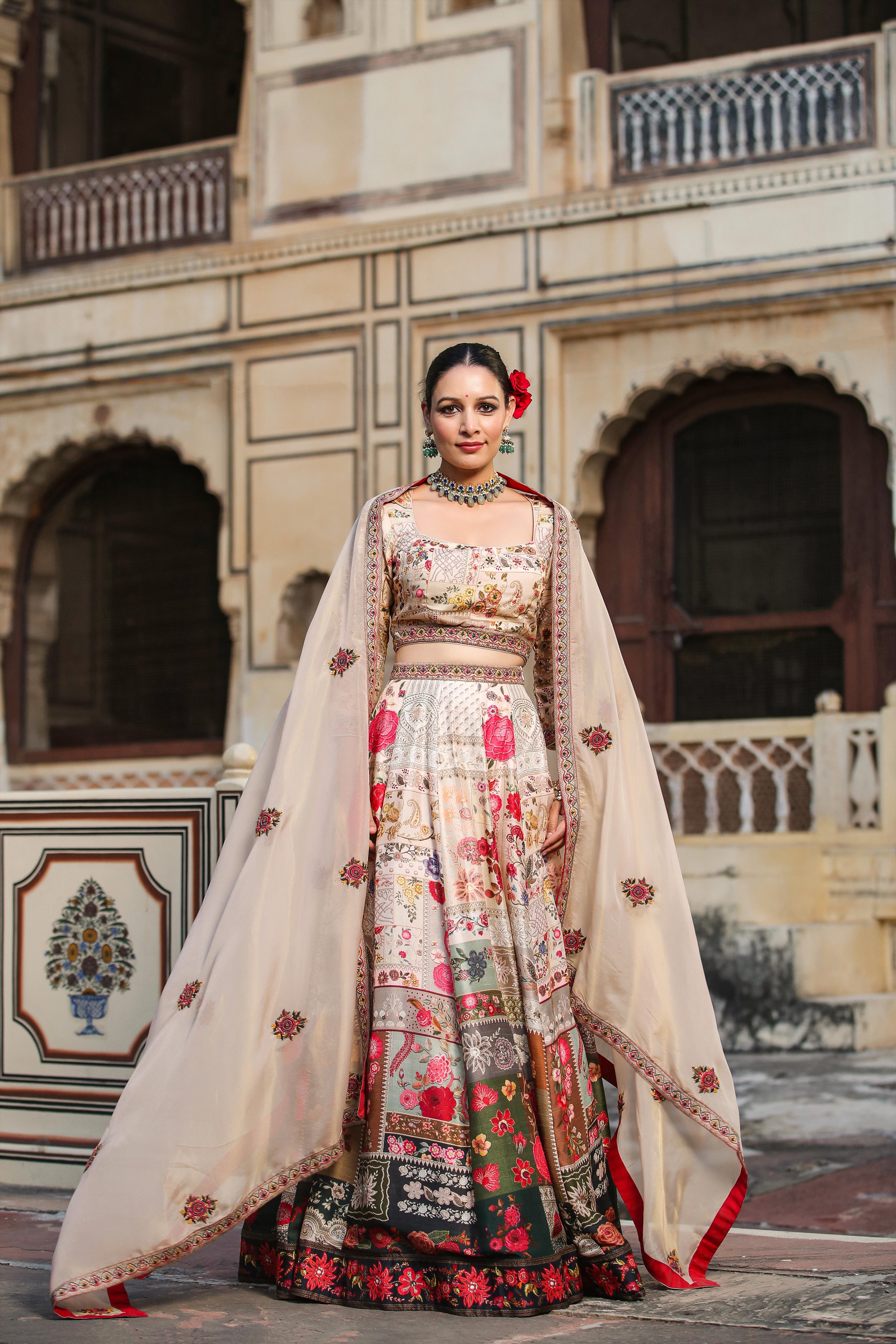 Beige Raw Silk Floral Print Lehenga Choli Dupatta Set