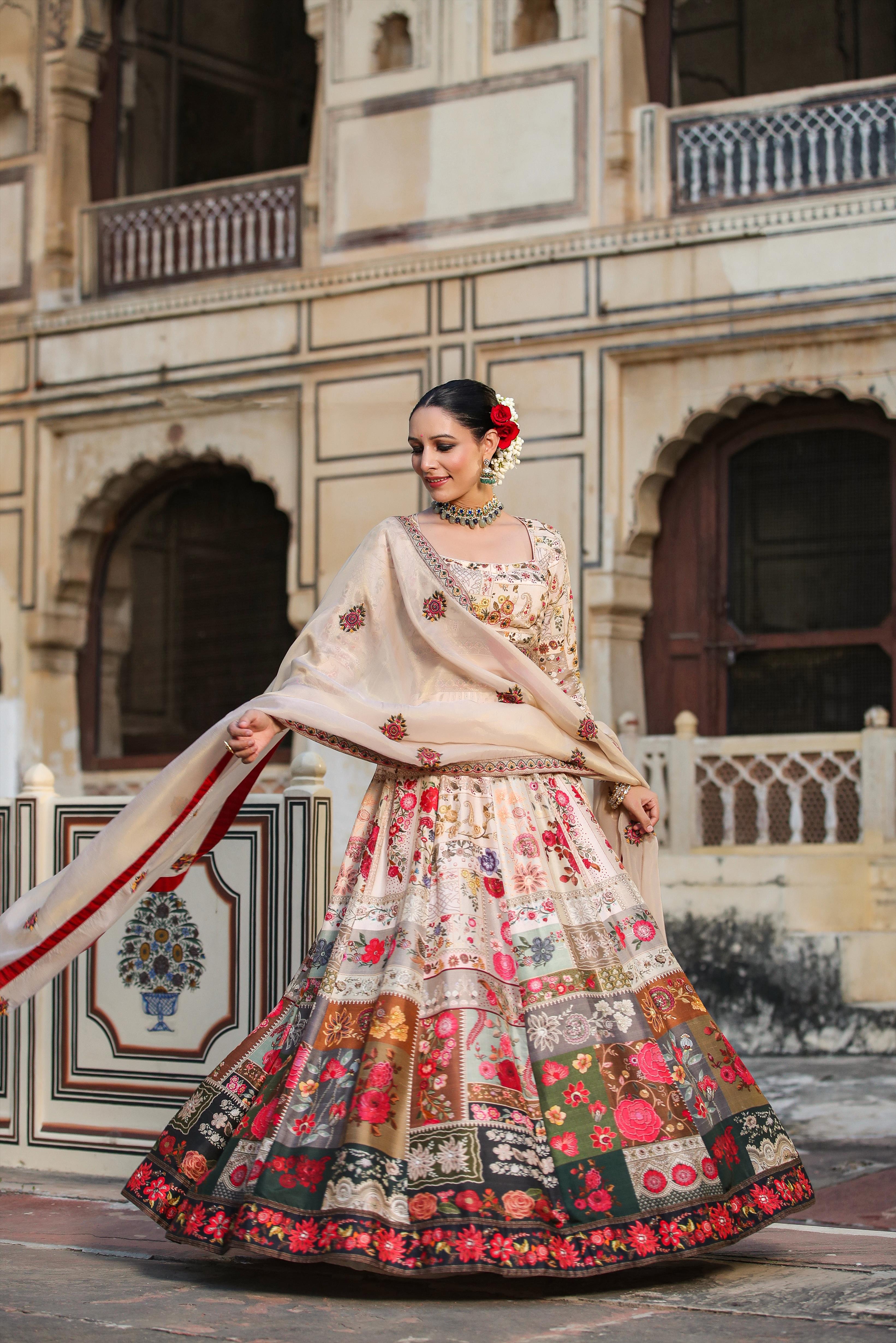 Beige Raw Silk Floral Print Lehenga Choli Dupatta Set