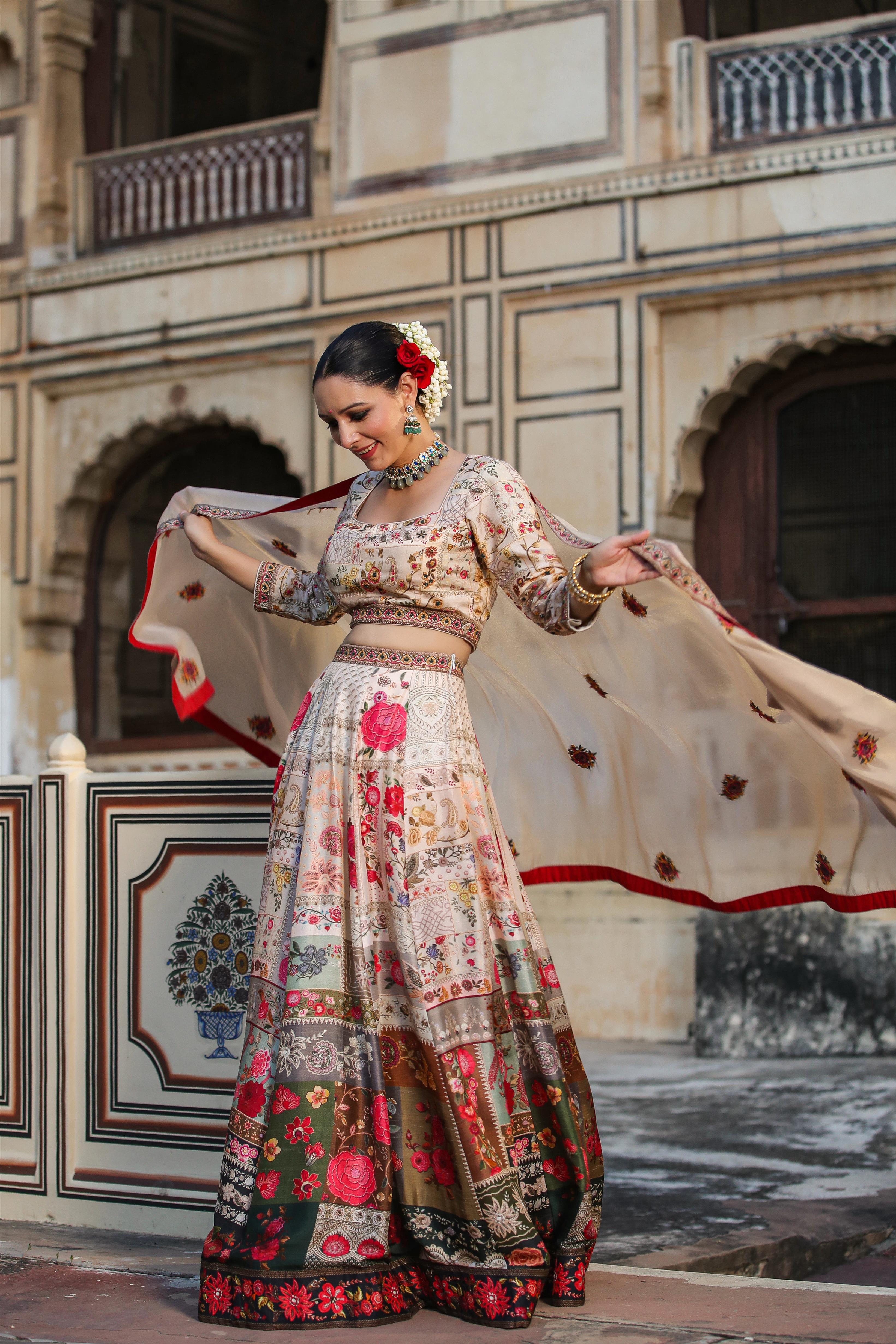 Beige Raw Silk Floral Print Lehenga Choli Dupatta Set