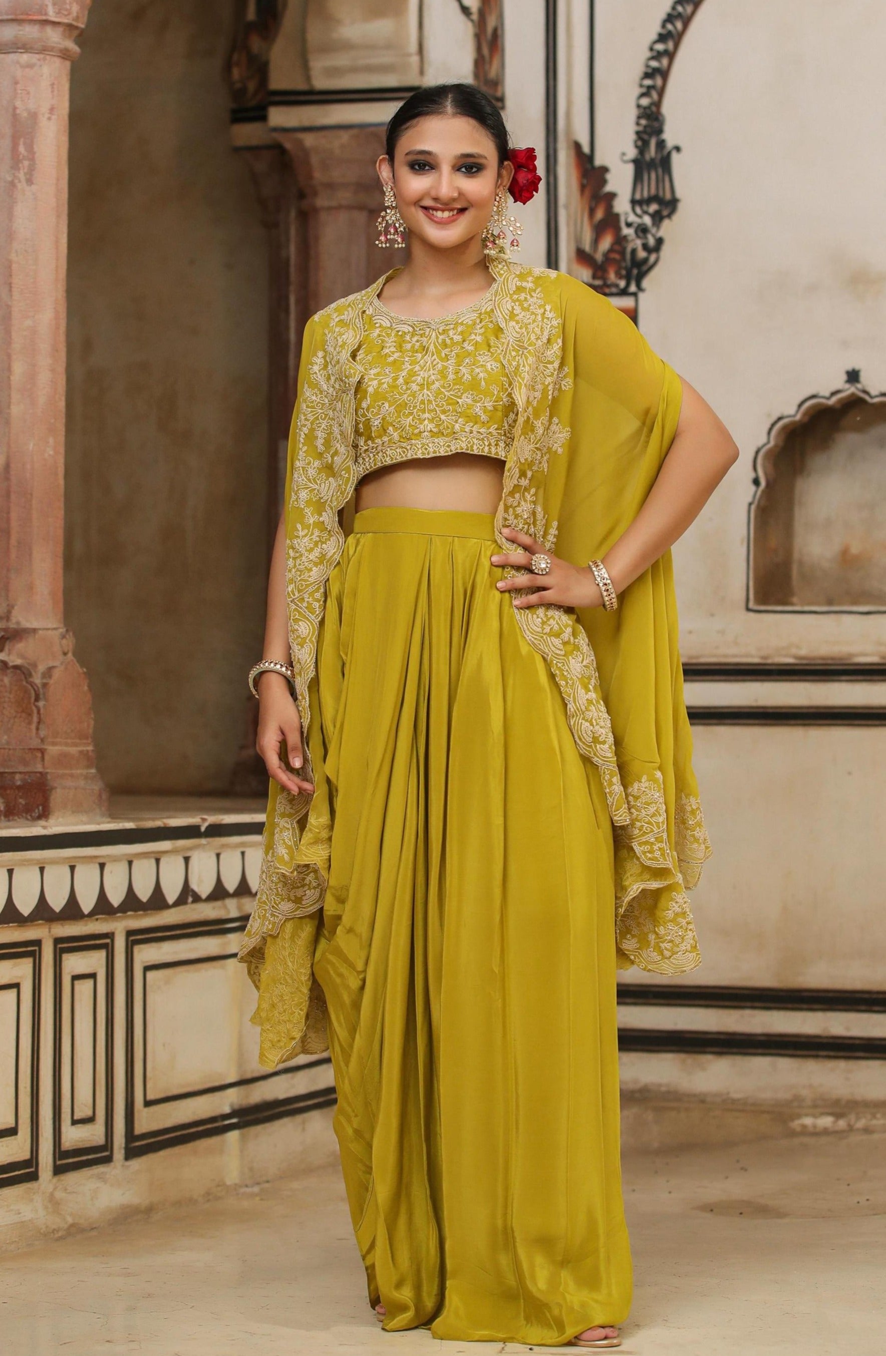 Silk Embroidered Choli With Crepe Drape Skirt And Organza Cape