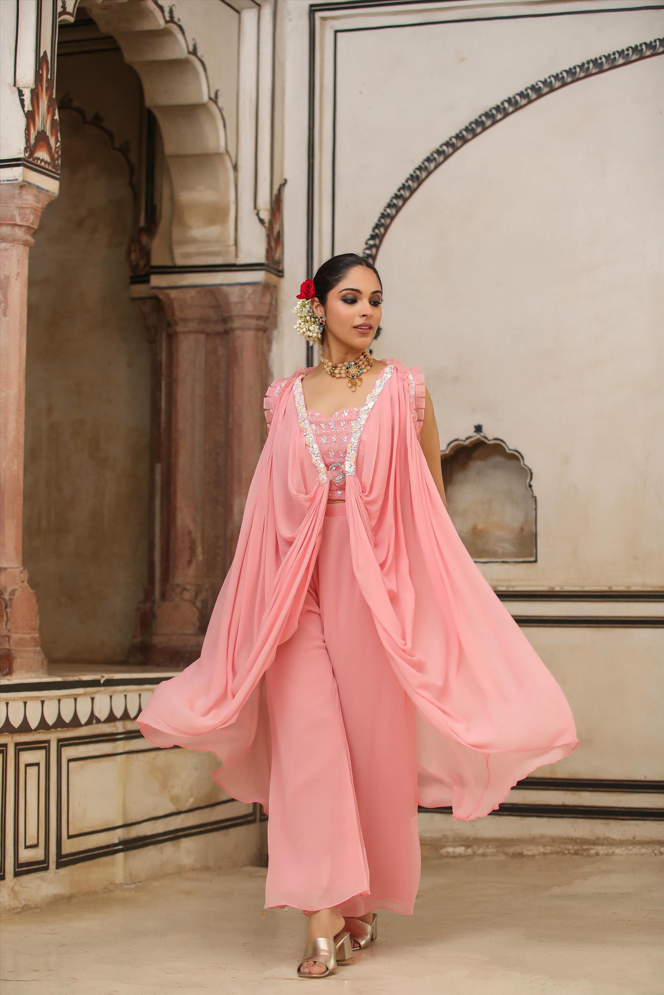 Peach Georgette Embroidered Choli With Palazzo And Pleated Overlay Cape