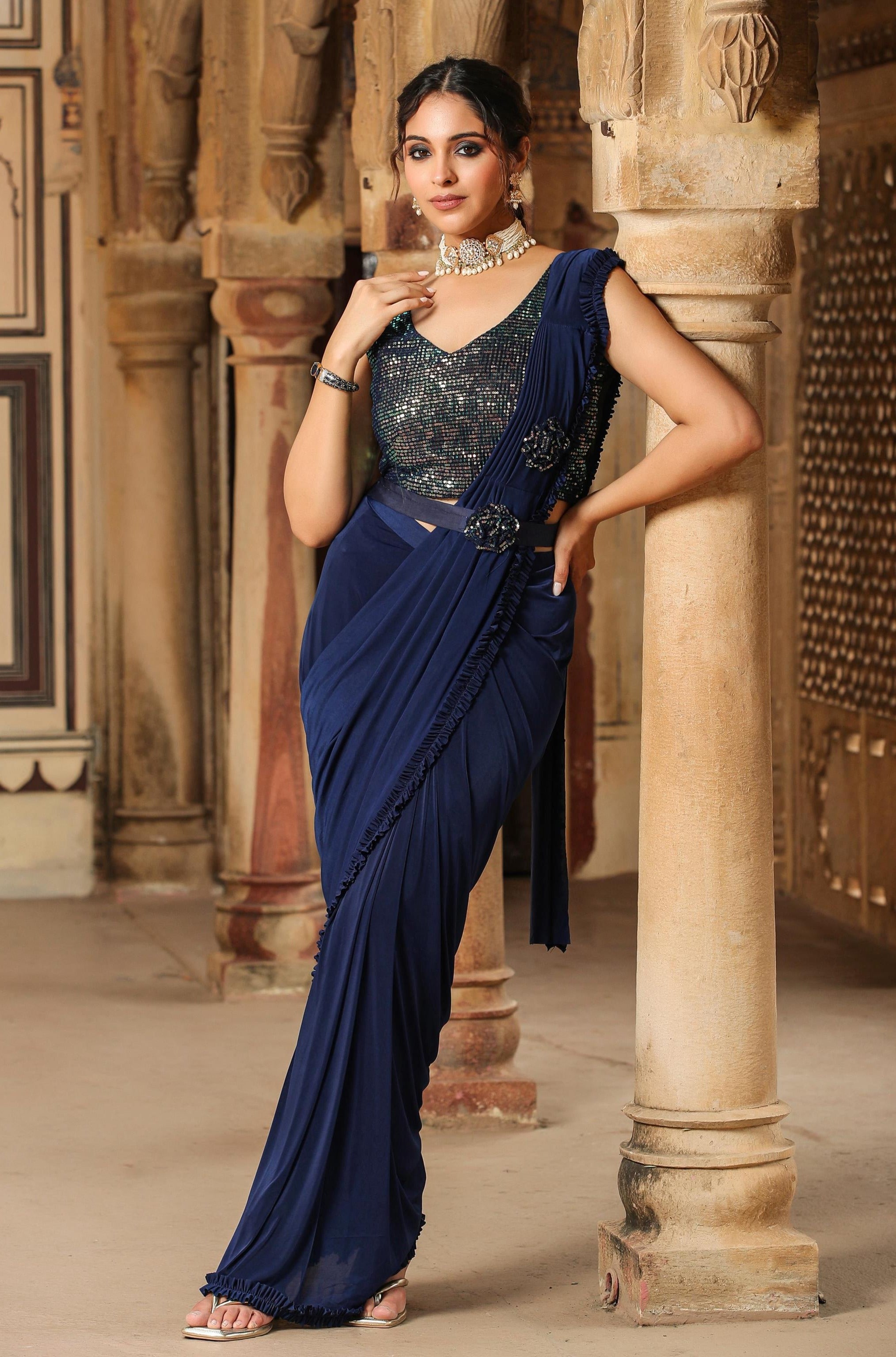 Navy Lycra Pre-Draped Cocktail Sequinned Saree With Blouse And Belt