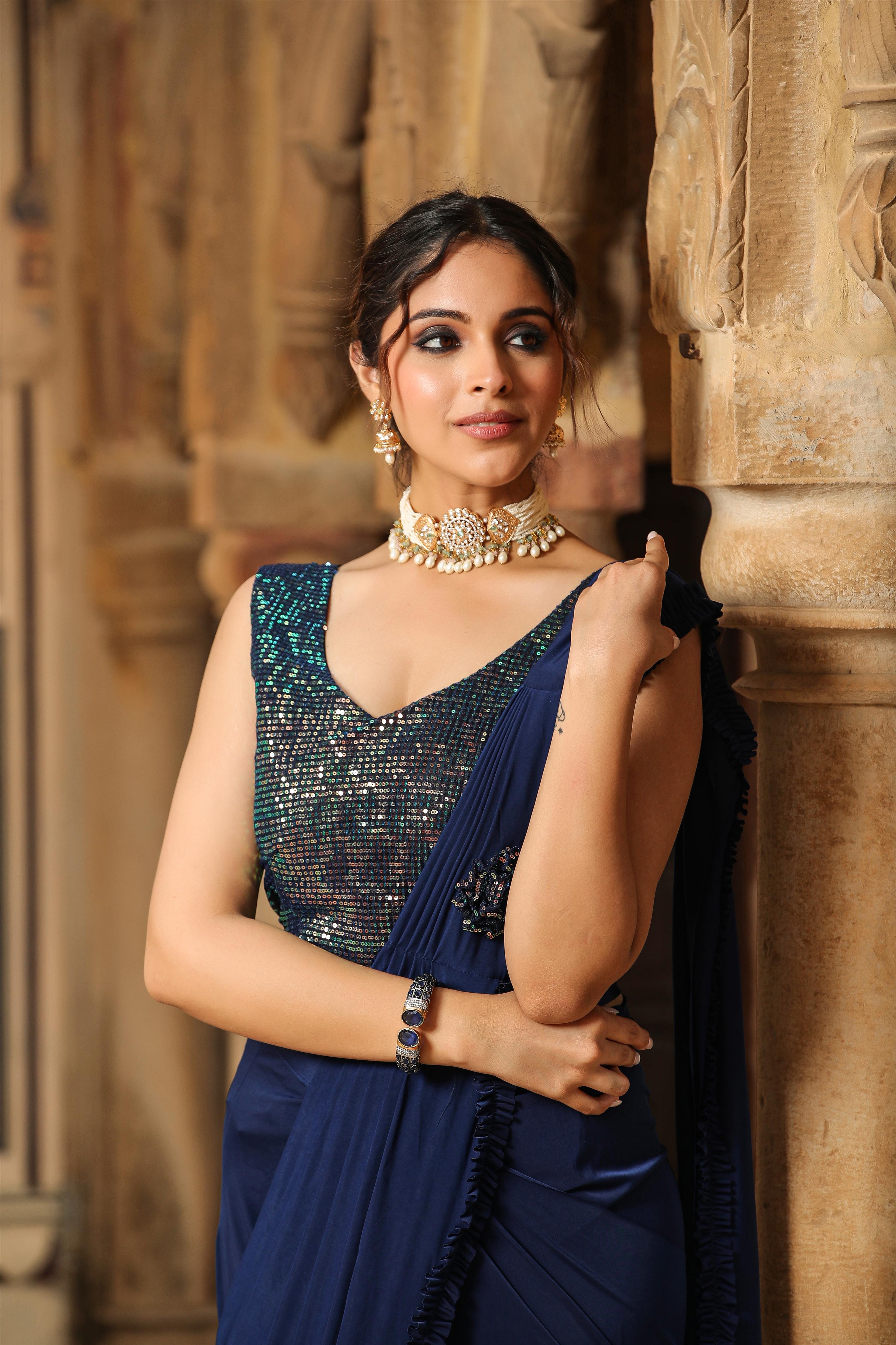 Navy Lycra Pre-Draped Cocktail Sequinned Saree With Blouse And Belt