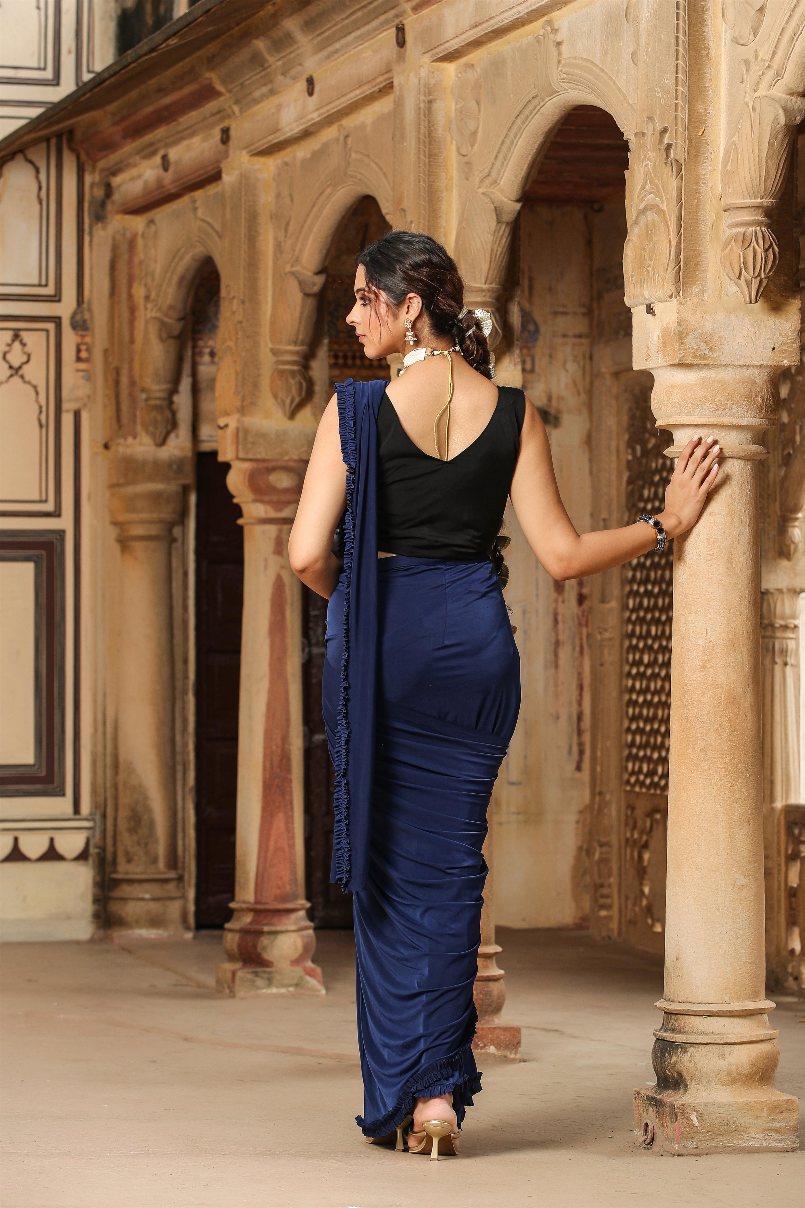Navy Lycra Pre-Draped Cocktail Sequinned Saree With Blouse And Belt