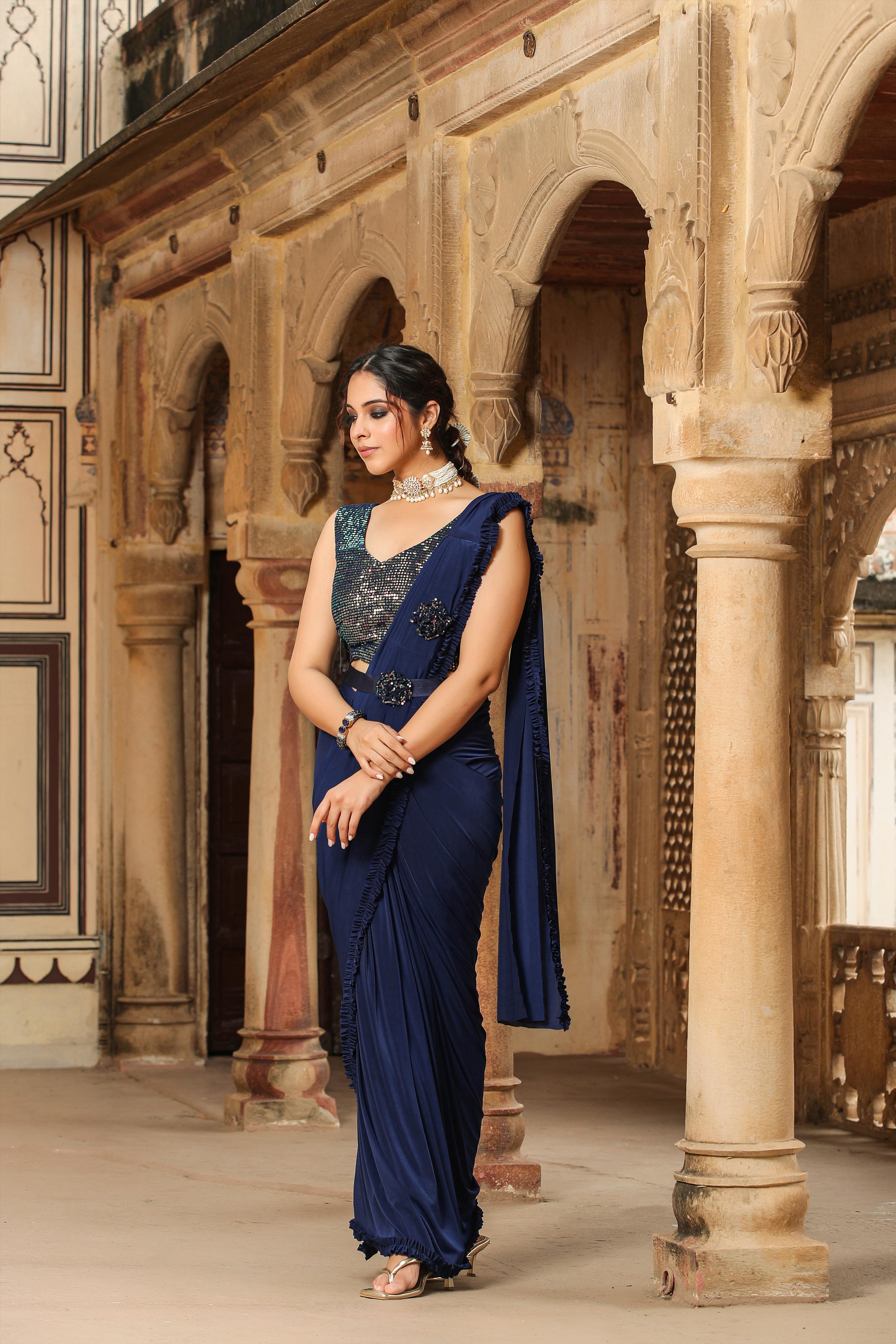 Navy Lycra Pre-Draped Cocktail Sequinned Saree With Blouse And Belt