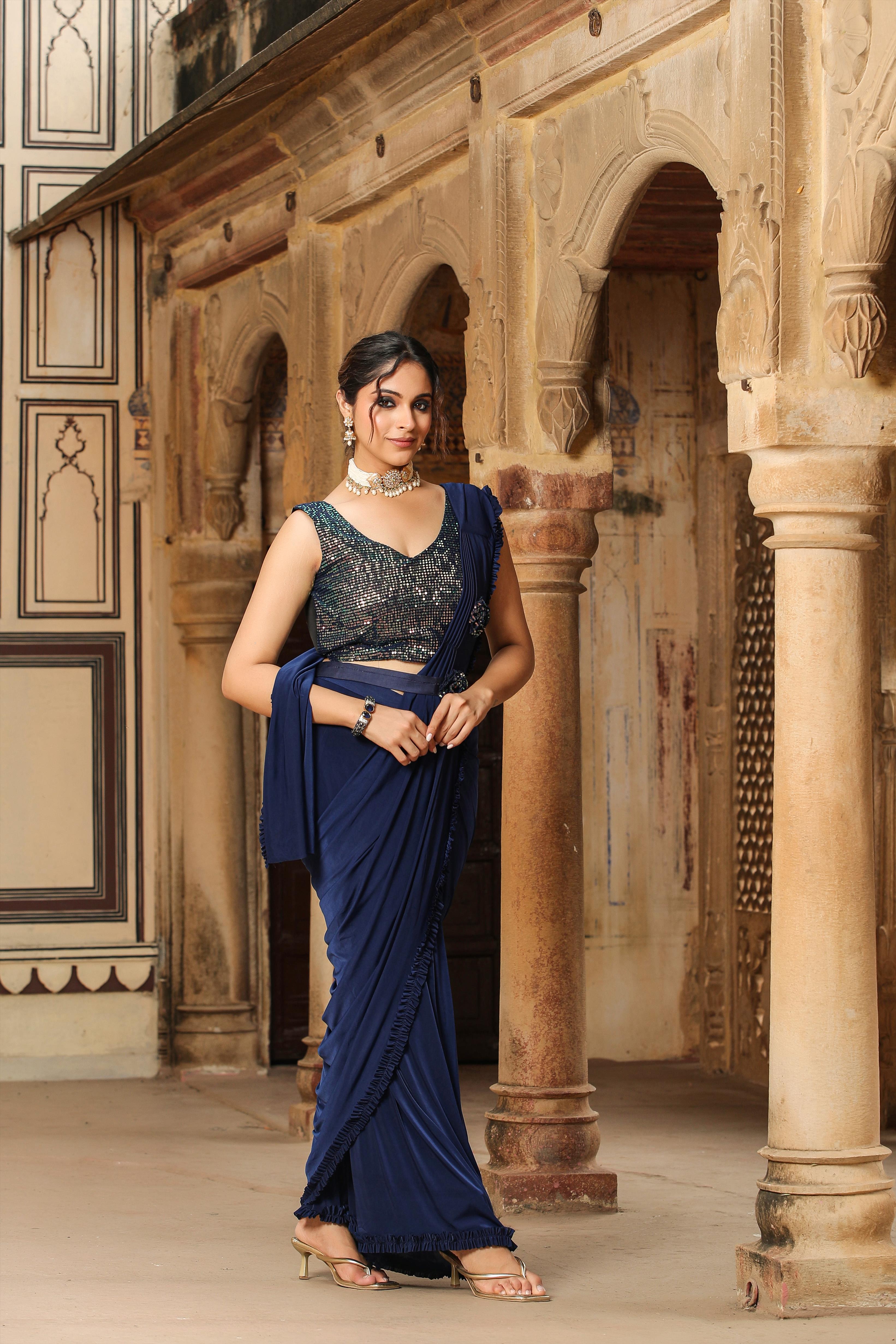 Navy Lycra Pre-Draped Cocktail Sequinned Saree With Blouse And Belt