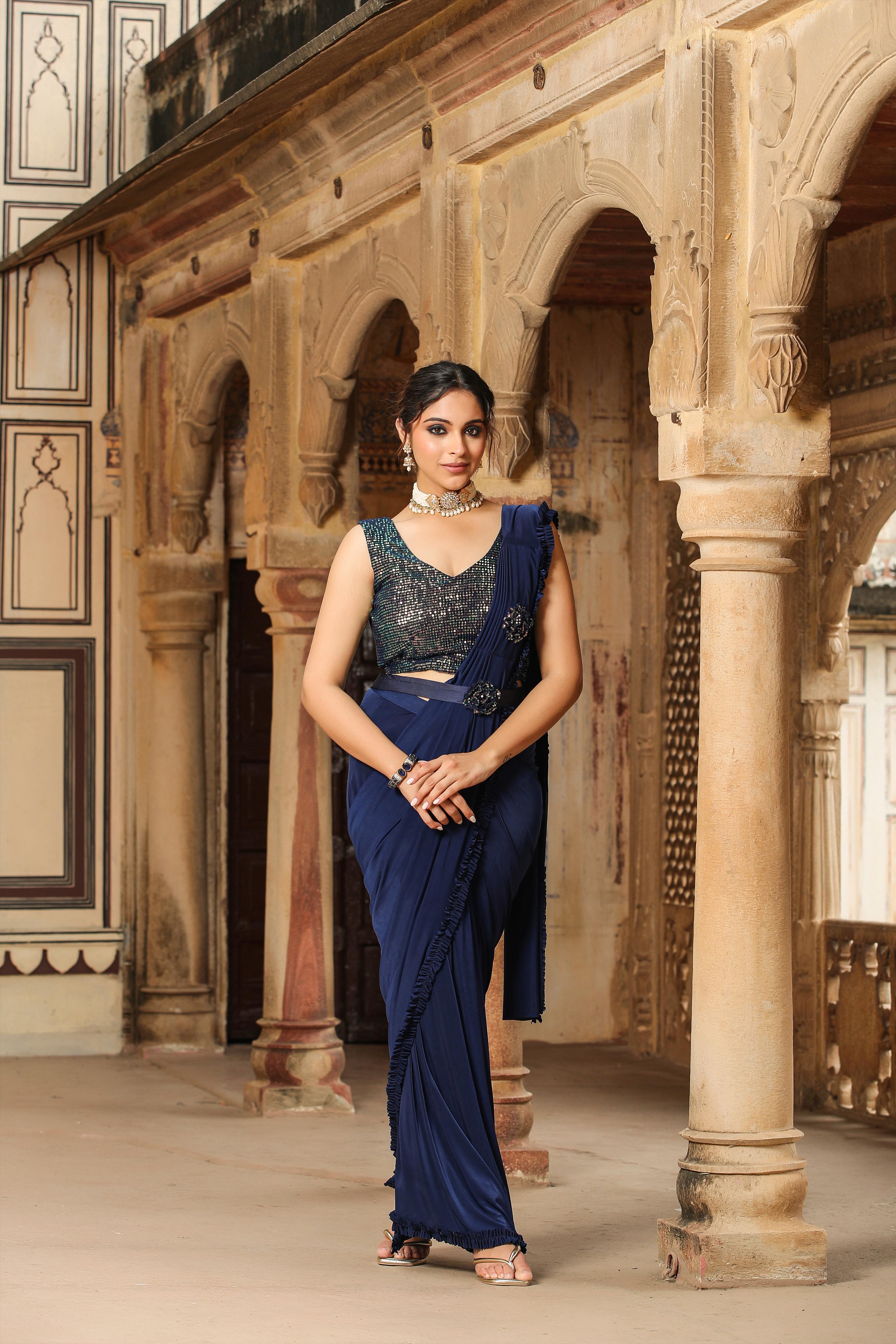 Navy Lycra Pre-Draped Cocktail Sequinned Saree With Blouse And Belt