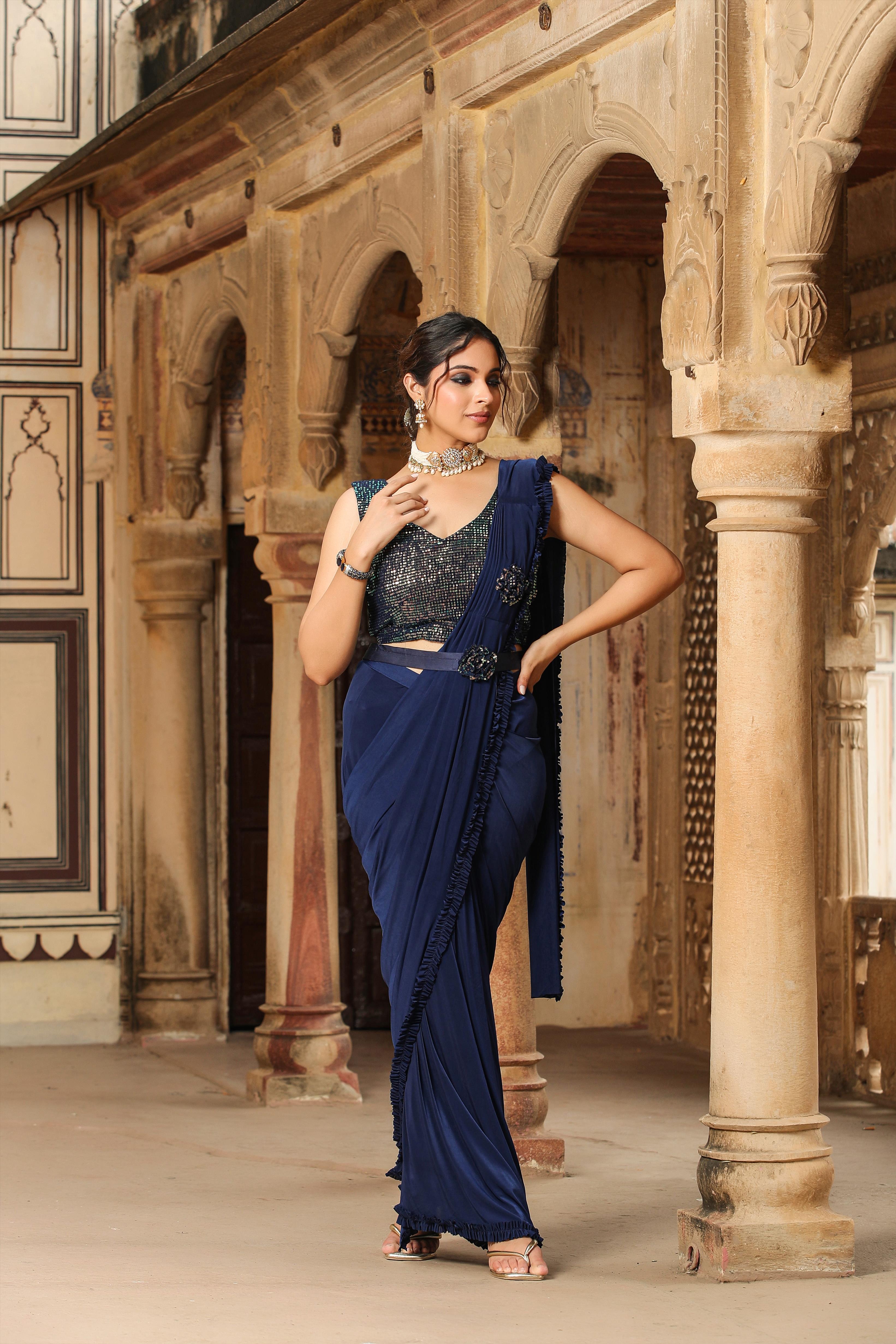 Navy Lycra Pre-Draped Cocktail Sequinned Saree With Blouse And Belt