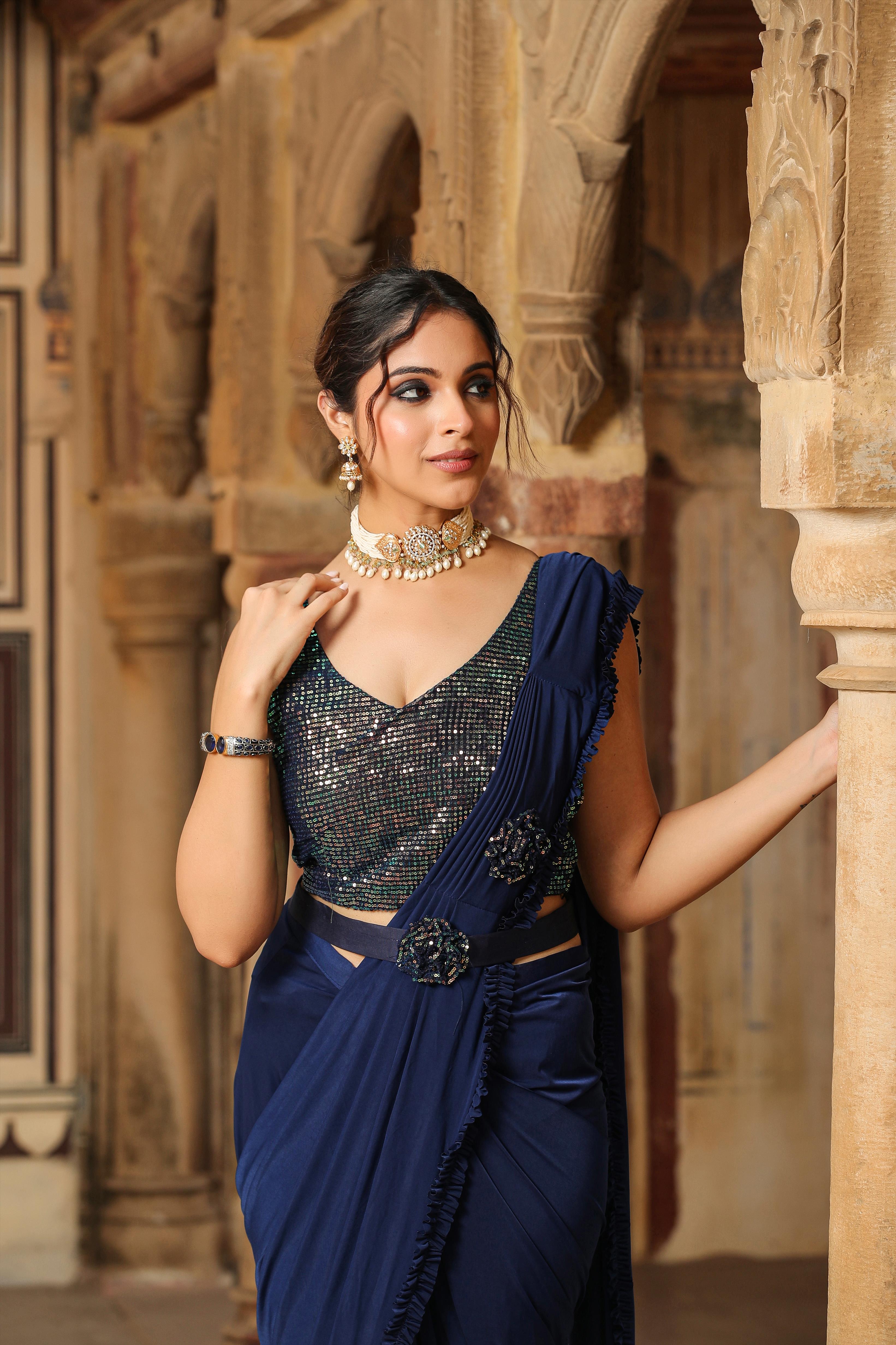 Navy Lycra Pre-Draped Cocktail Sequinned Saree With Blouse And Belt