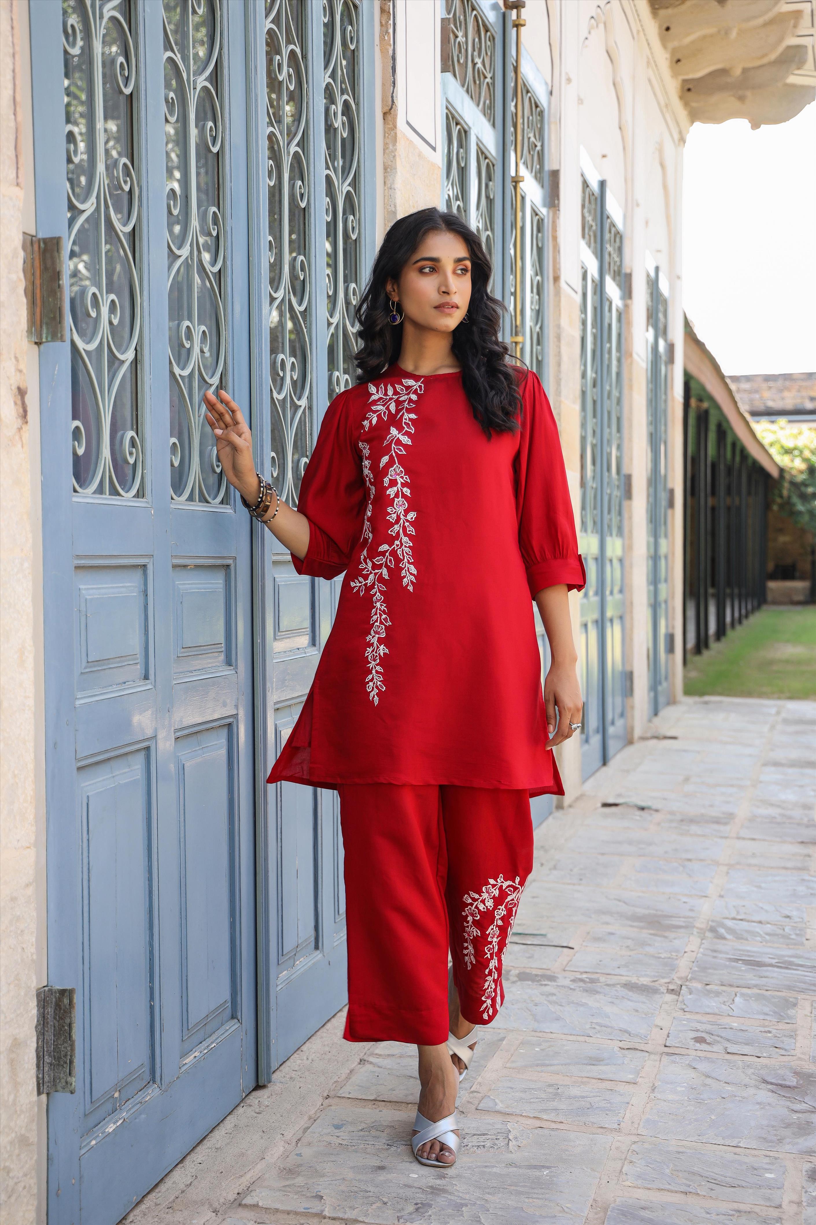 Red Chanderi Silk Embroidered Co-Ord Set