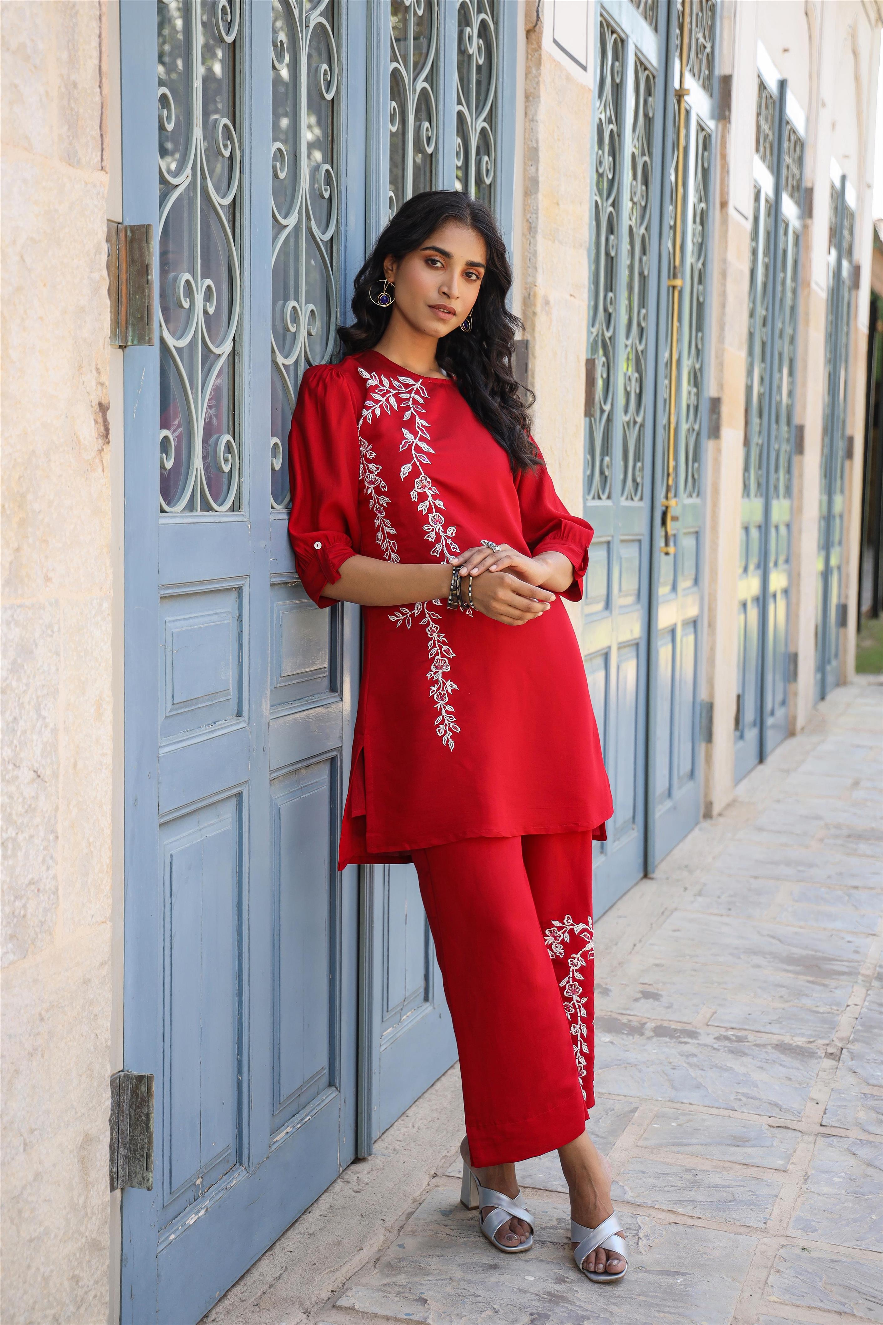 Red Chanderi Silk Embroidered Co-Ord Set