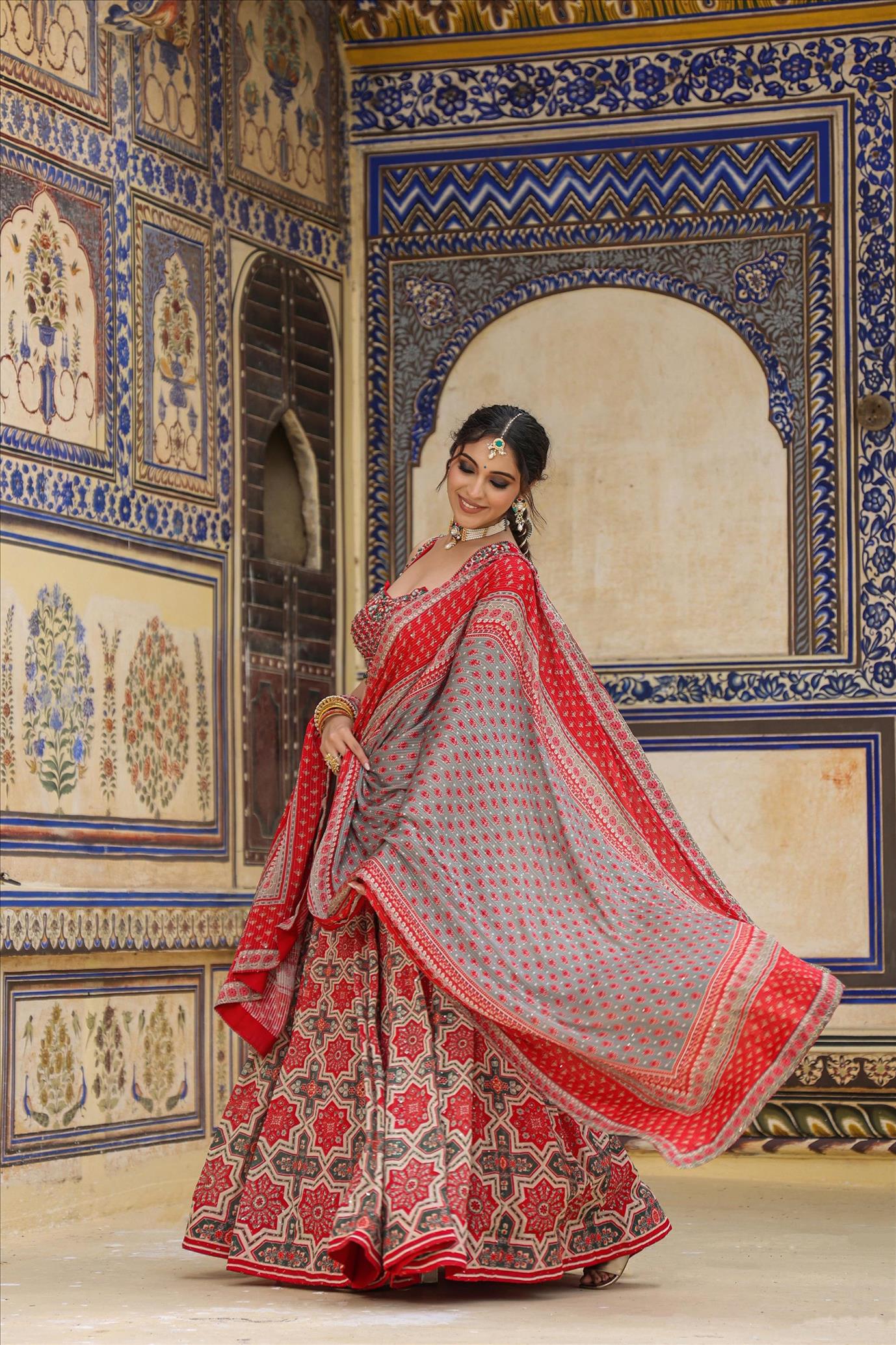 Red Georgette Printed Embroidered Lehenga Set