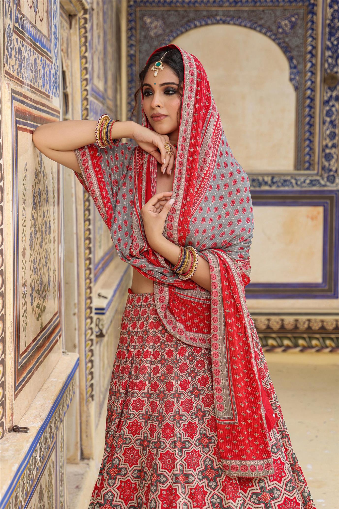 Red Georgette Printed Embroidered Lehenga Set