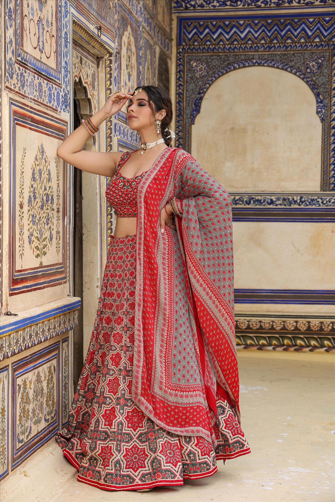 Red Georgette Printed Embroidered Lehenga Set