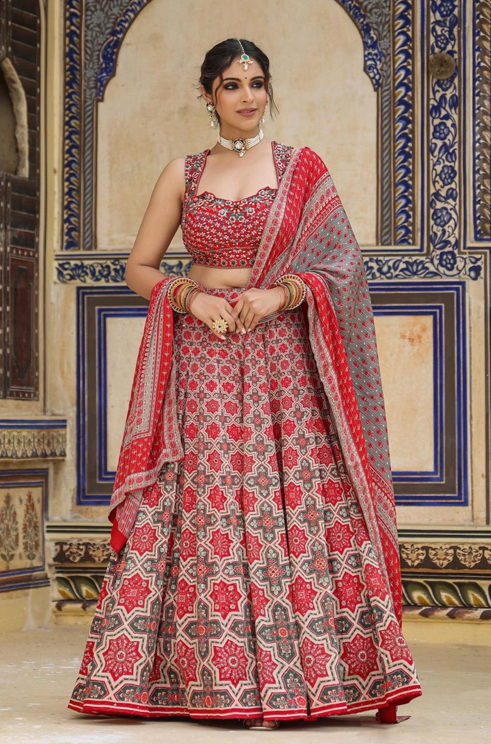 Red Georgette Printed Embroidered Lehenga Set