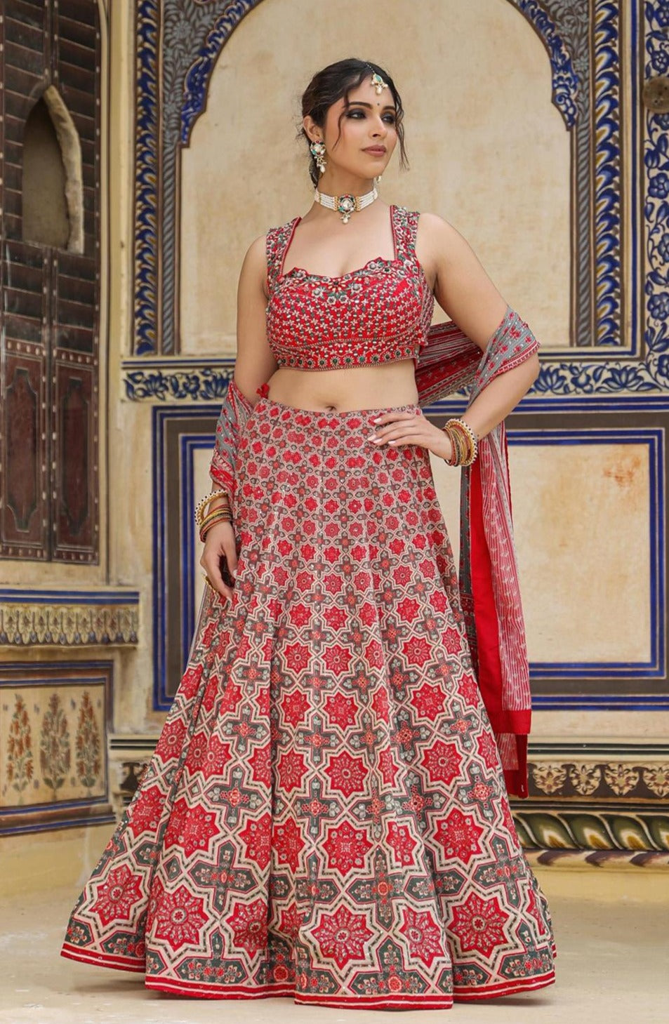 Red Georgette Printed Embroidered Lehenga Set