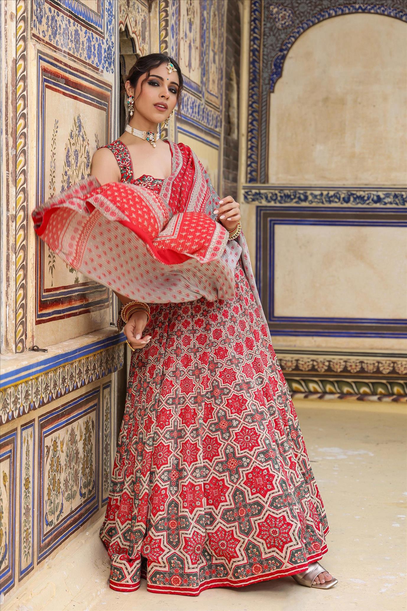 Red Georgette Printed Embroidered Lehenga Set