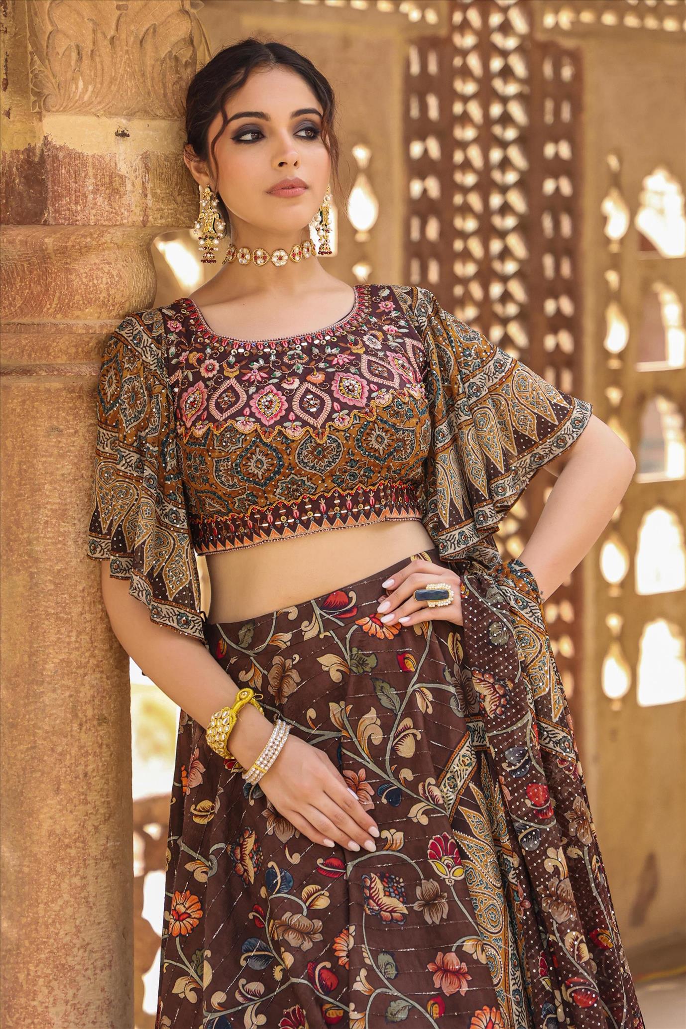 Brown Silk Floral Printed Lehenga Set