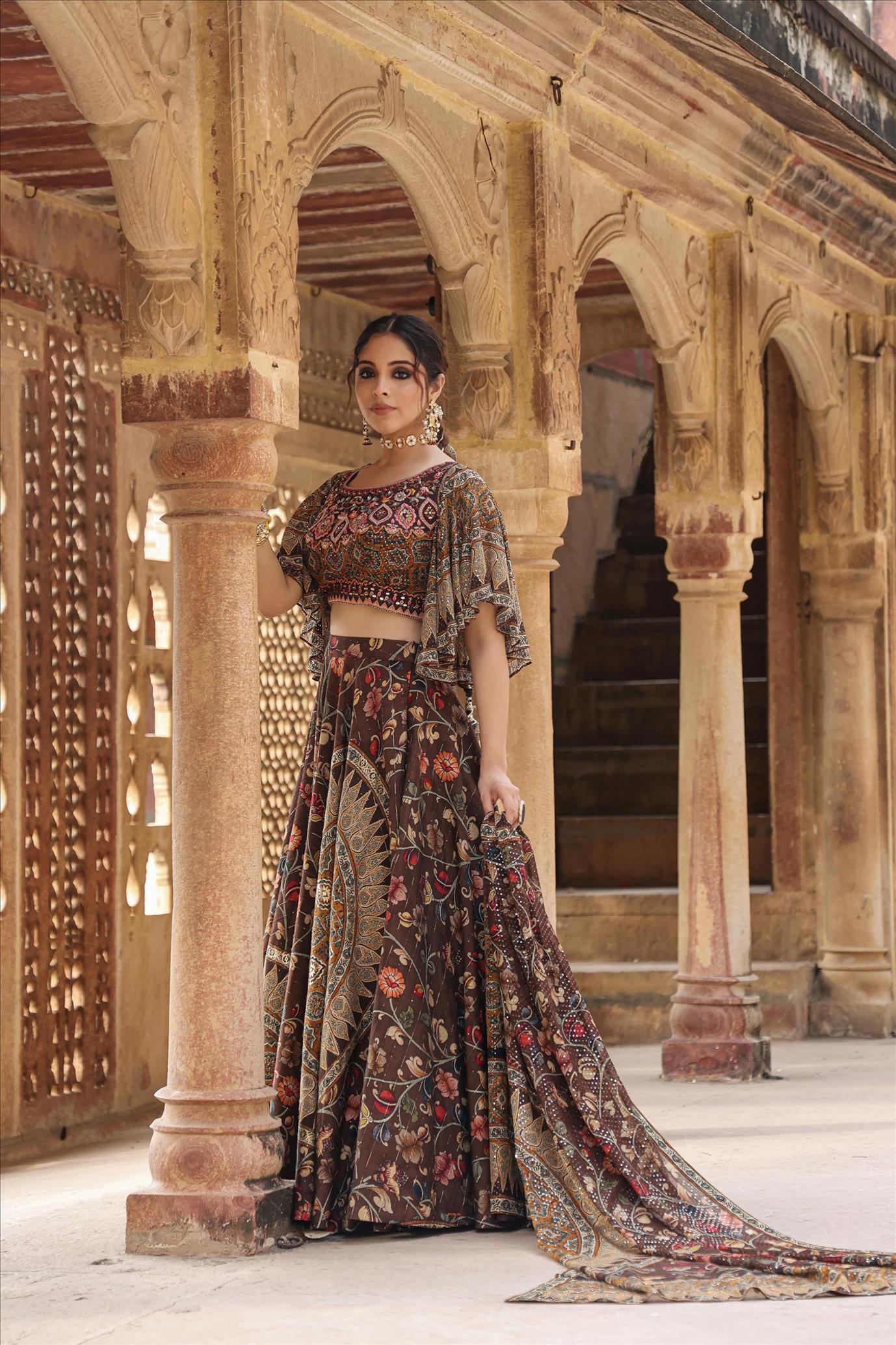 Brown Silk Floral Printed Lehenga Set