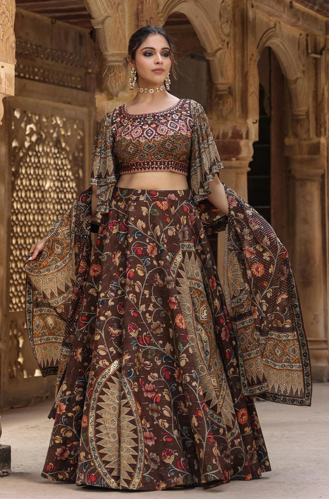 Brown Silk Floral Printed Lehenga Set