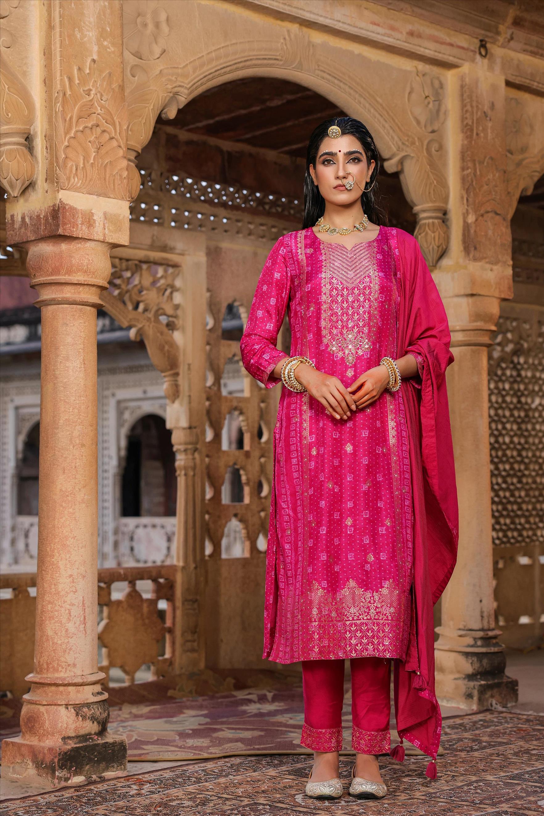 Pink Dola Silk Bandhani Jacquard Suit Set